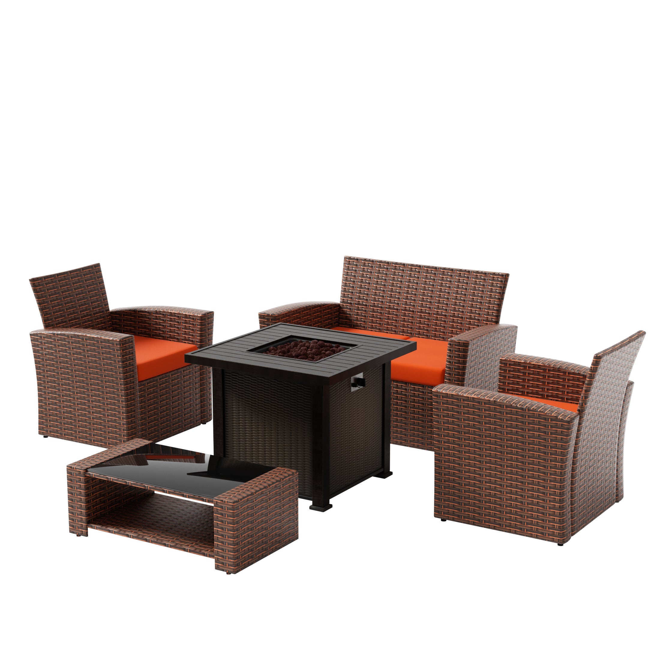 Wynston 4-Piece Conversation Outdoor Patio Sofa Set with Square Fire Pit Table, Brown