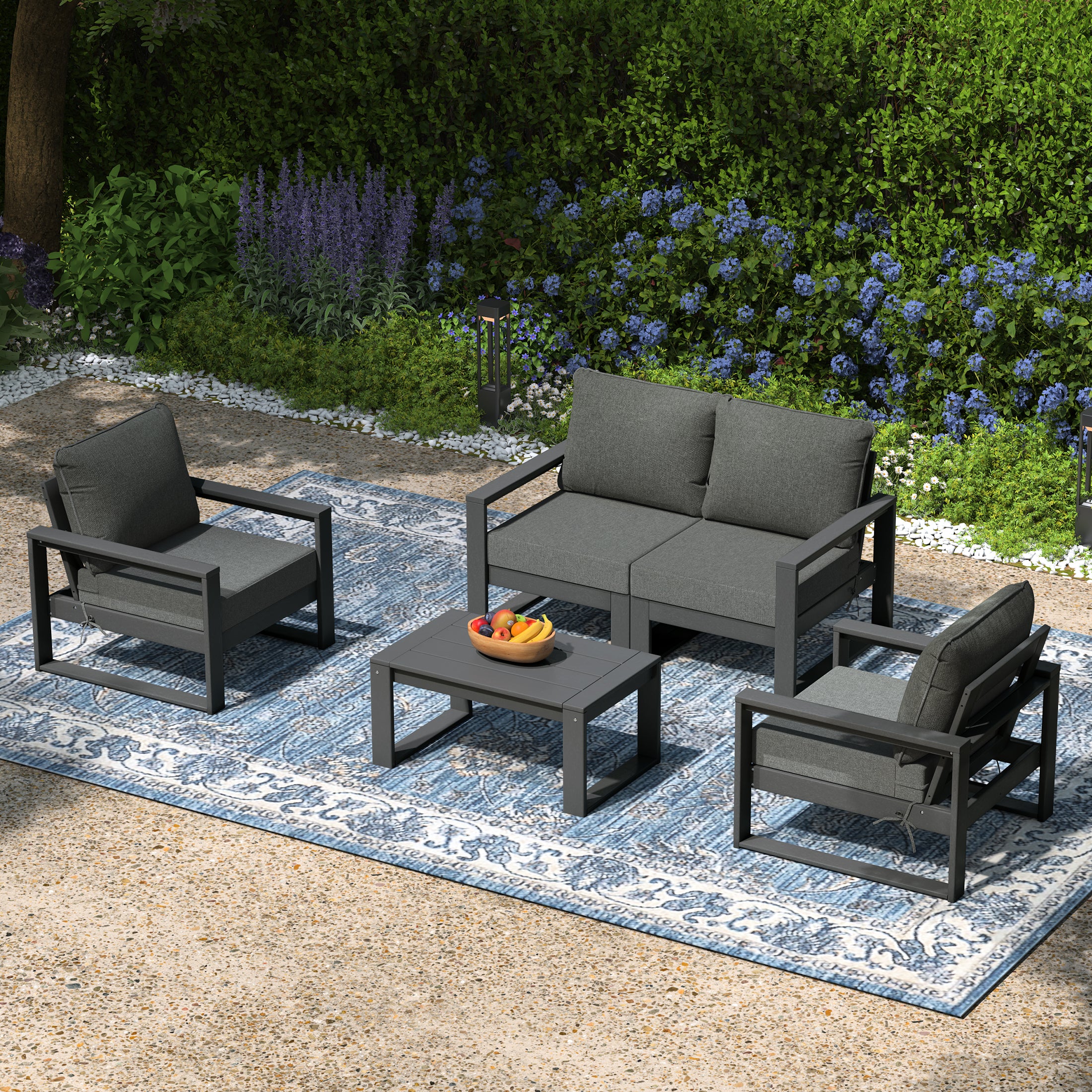 Rockaway 5-Piece Modern HDPE Outdoor Patio Furniture Sofa Conversation Set with Coffee Table