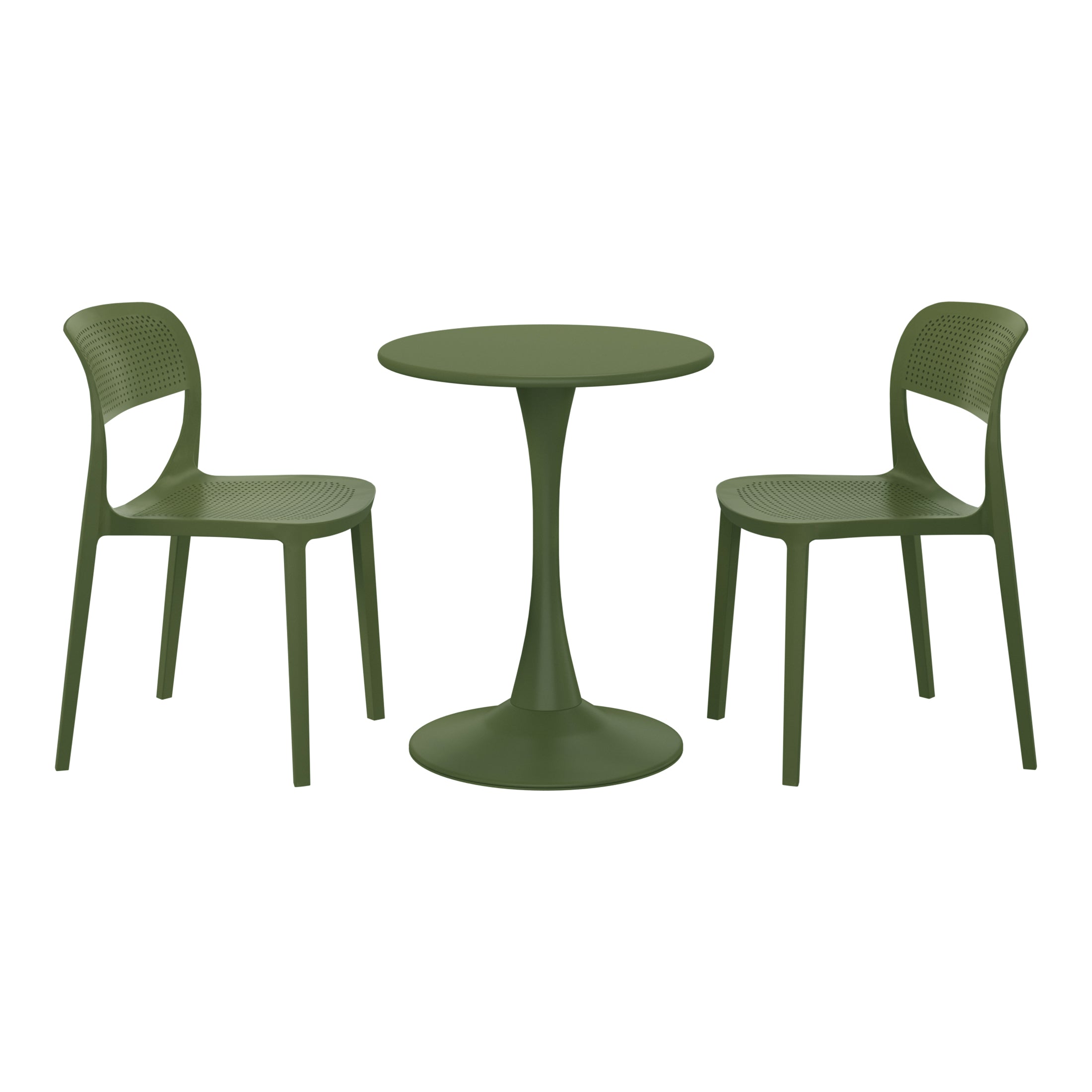 Sunshine 3-Piece Round Metal Bistro Dining Table Set And Stackable Resin Patio Dining Side Chairs