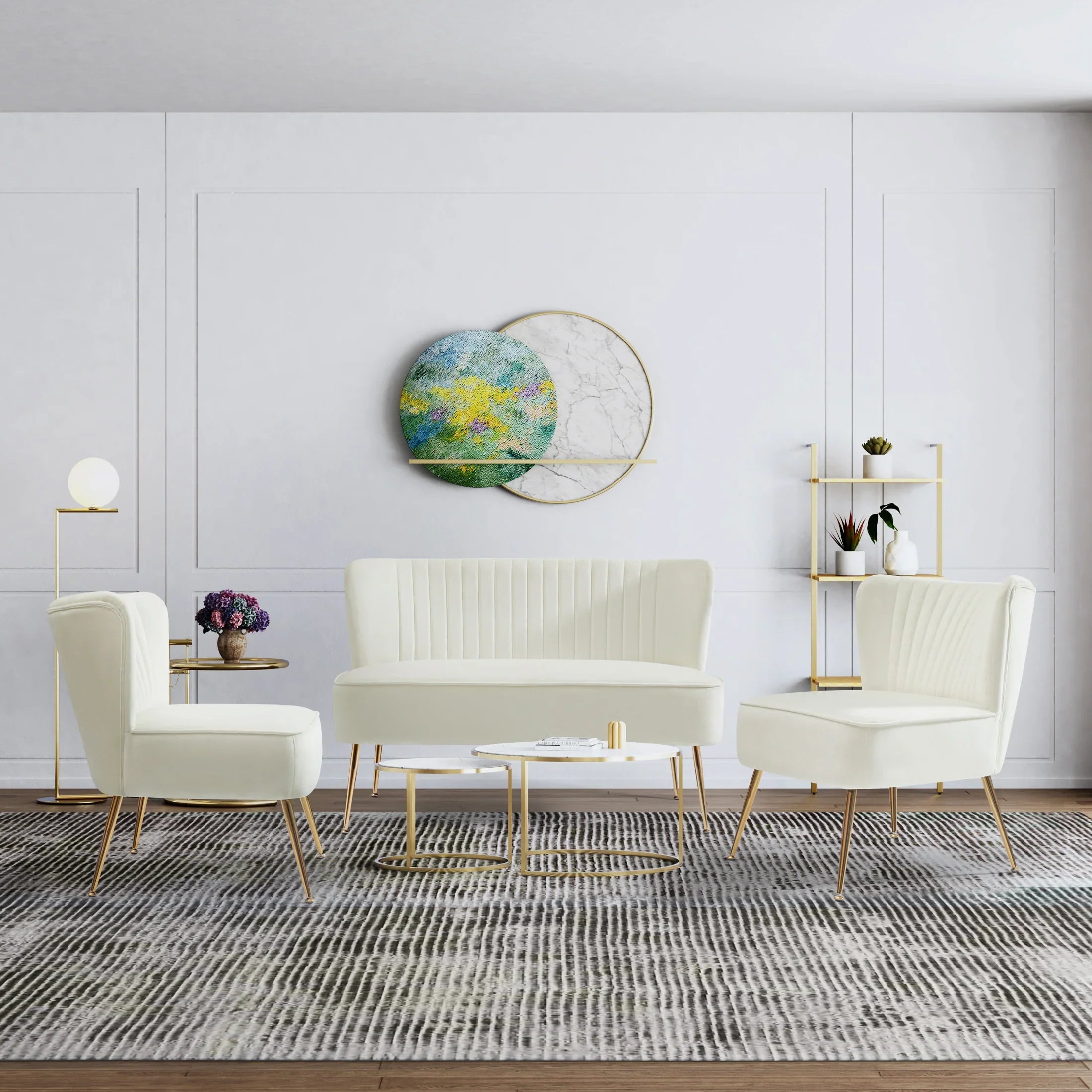 Alaia Mid Century Modern Tufted Velvet Loveseat Sofa and 25" Accent Chair 3-Piece Set