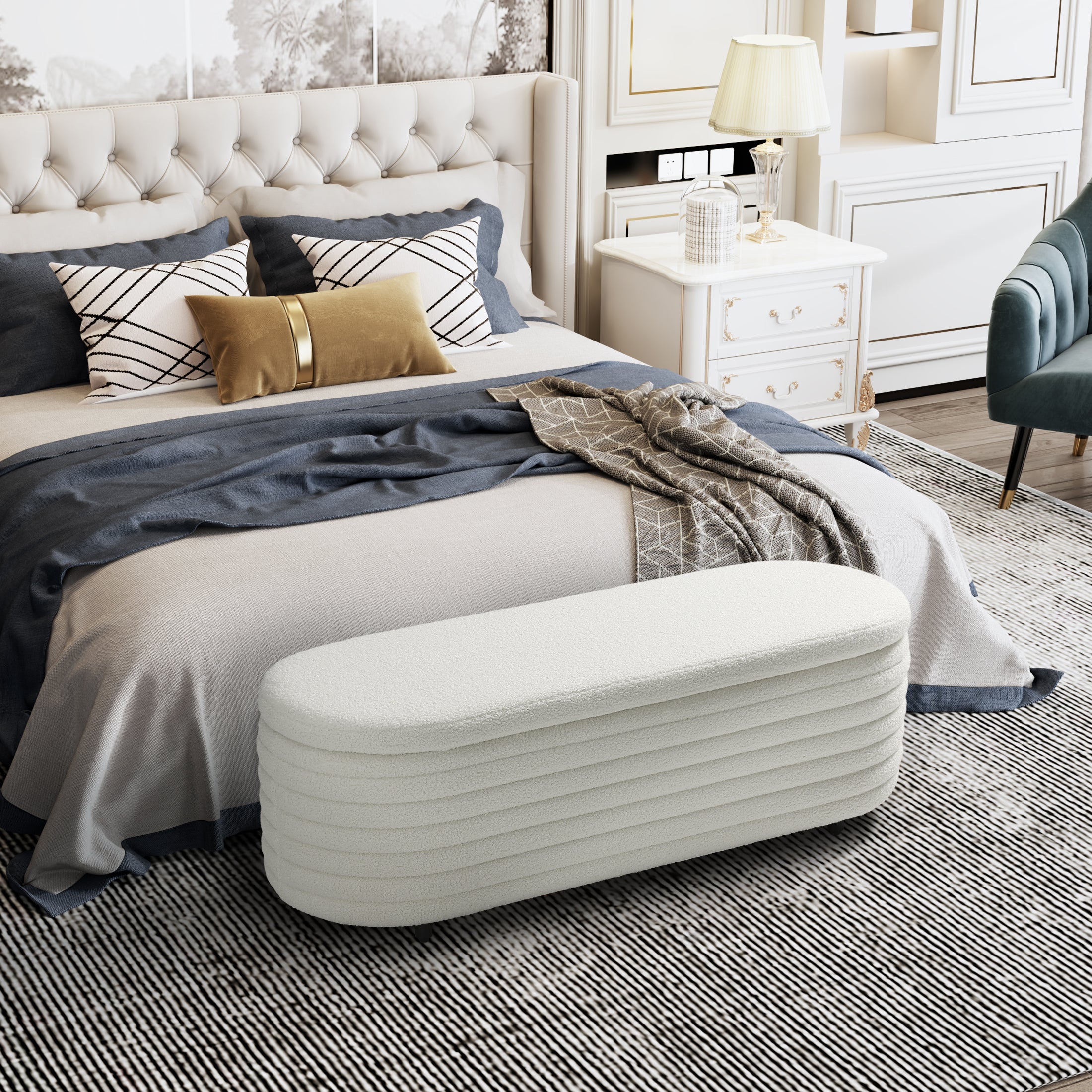 Celine 54" Wide Mid-Century Modern Upholstered Teddy Sherpa Tufted Oval Storage Ottoman Bench