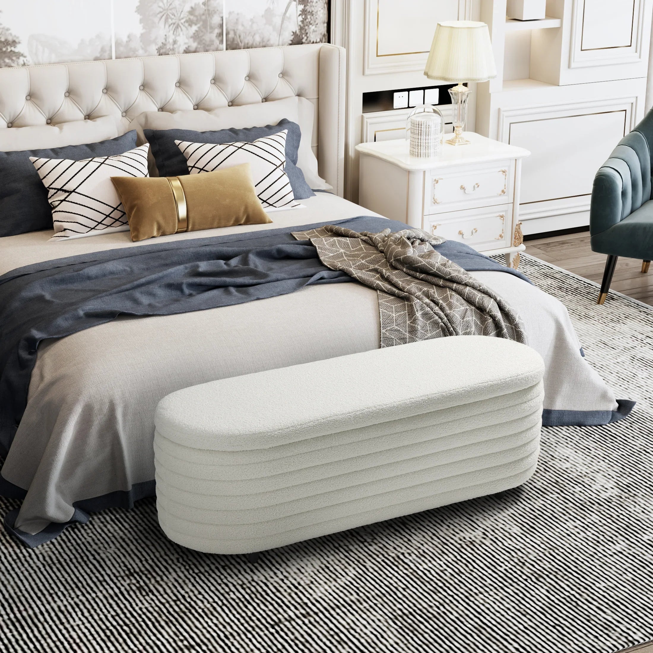 Celine 54" Wide Mid-Century Modern Upholstered Teddy Sherpa Tufted Oval Storage Ottoman Bench