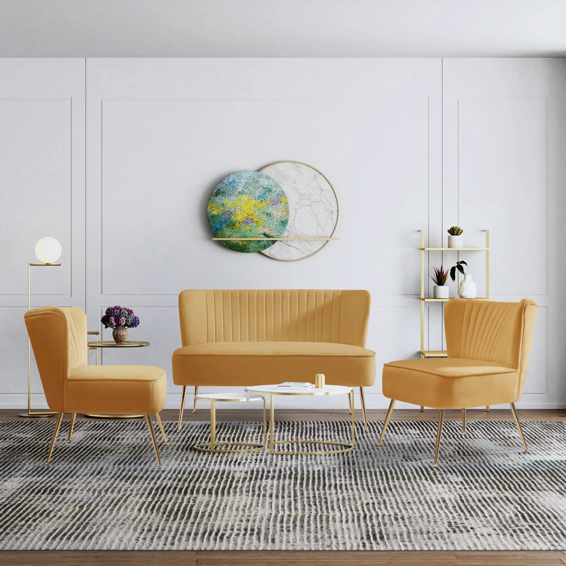 Alaia Mid Century Modern Tufted Velvet Loveseat Sofa and 25" Accent Chair 3-Piece Set