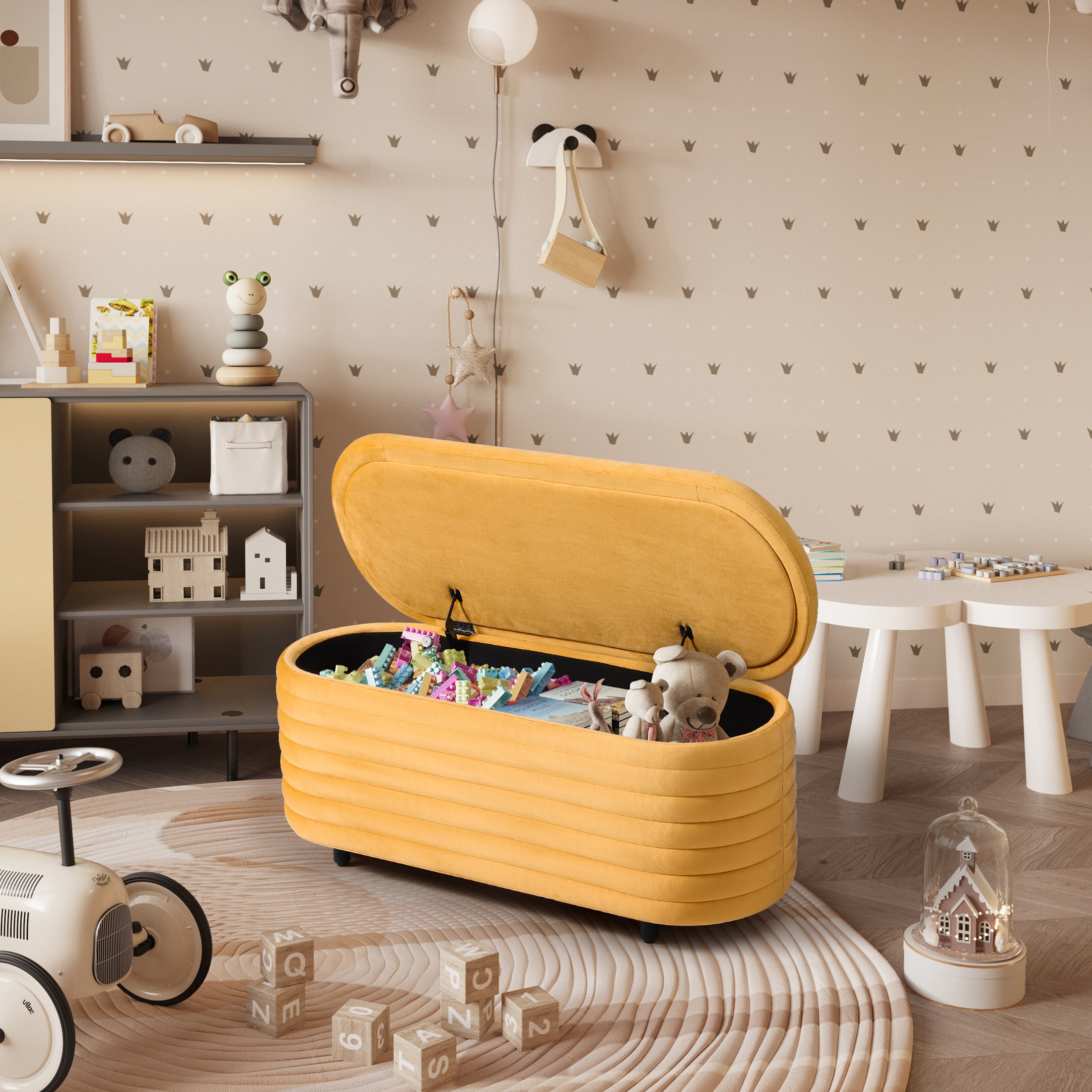 Alaia 42" Wide Mid-Century Modern Upholstered Velvet Tufted Oval Storage Ottoman Bench