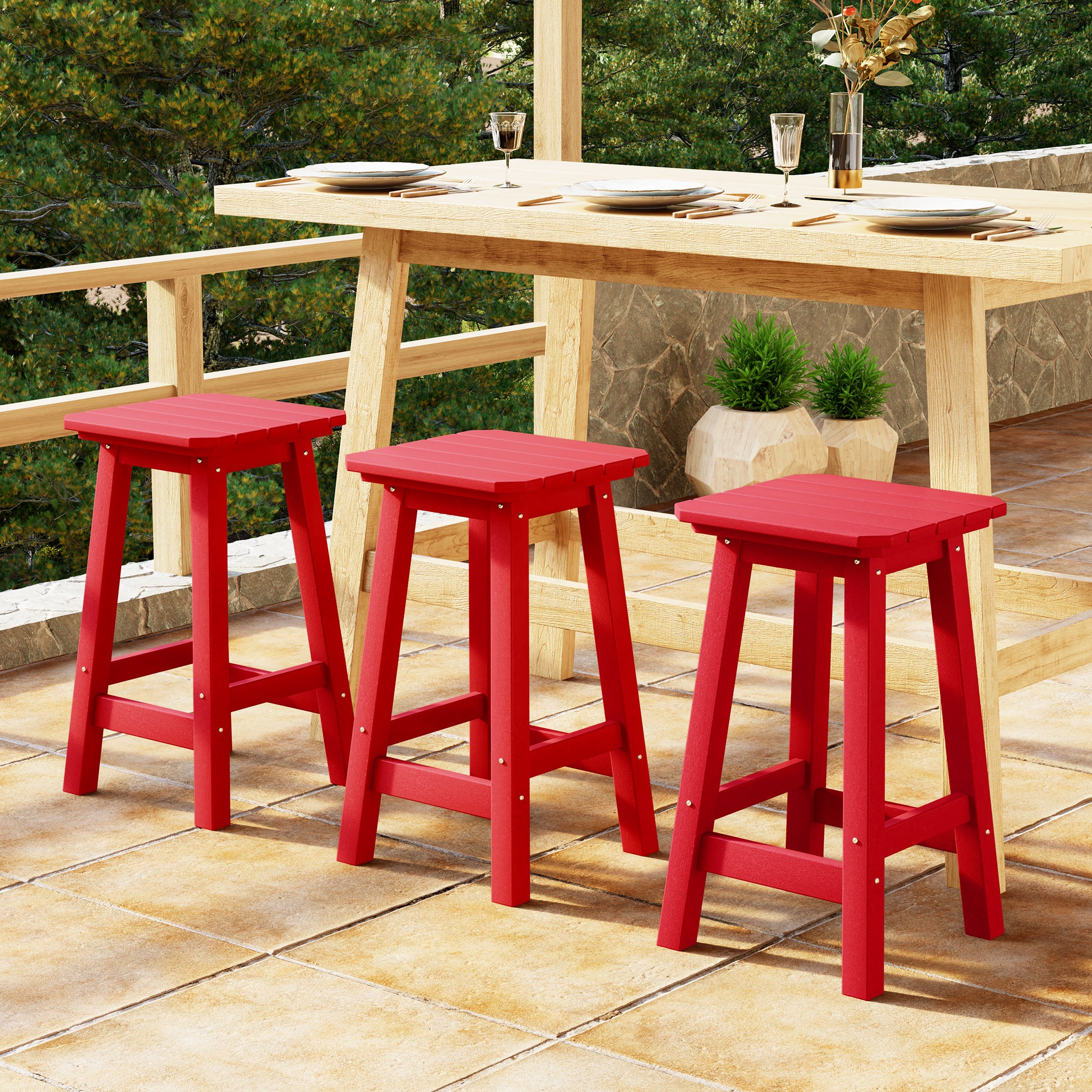 Paradise 24" HDPE Outdoor Patio Counter High Backless Square Bar Stools Set of Three