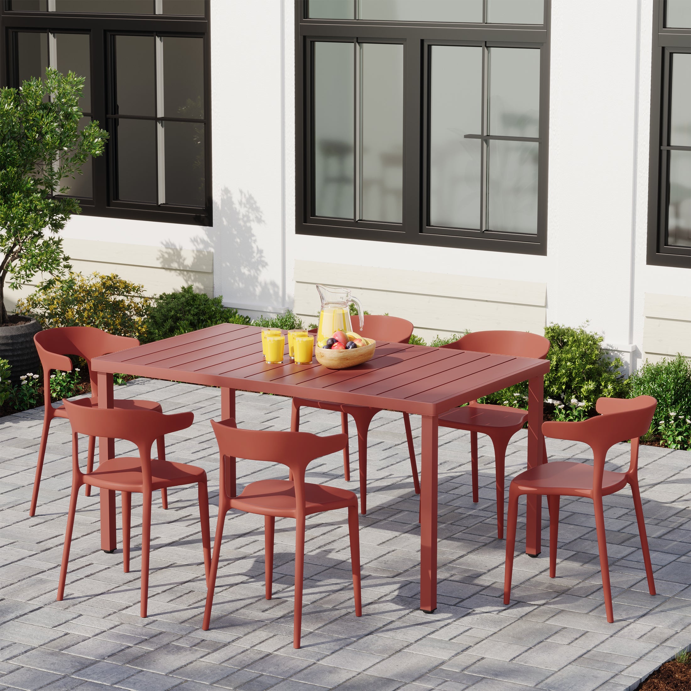 Sunshine 7-Piece Outdoor Metal Rectangle Patio Dining Table Set With Stackable Plastic Dining Chairs For 6