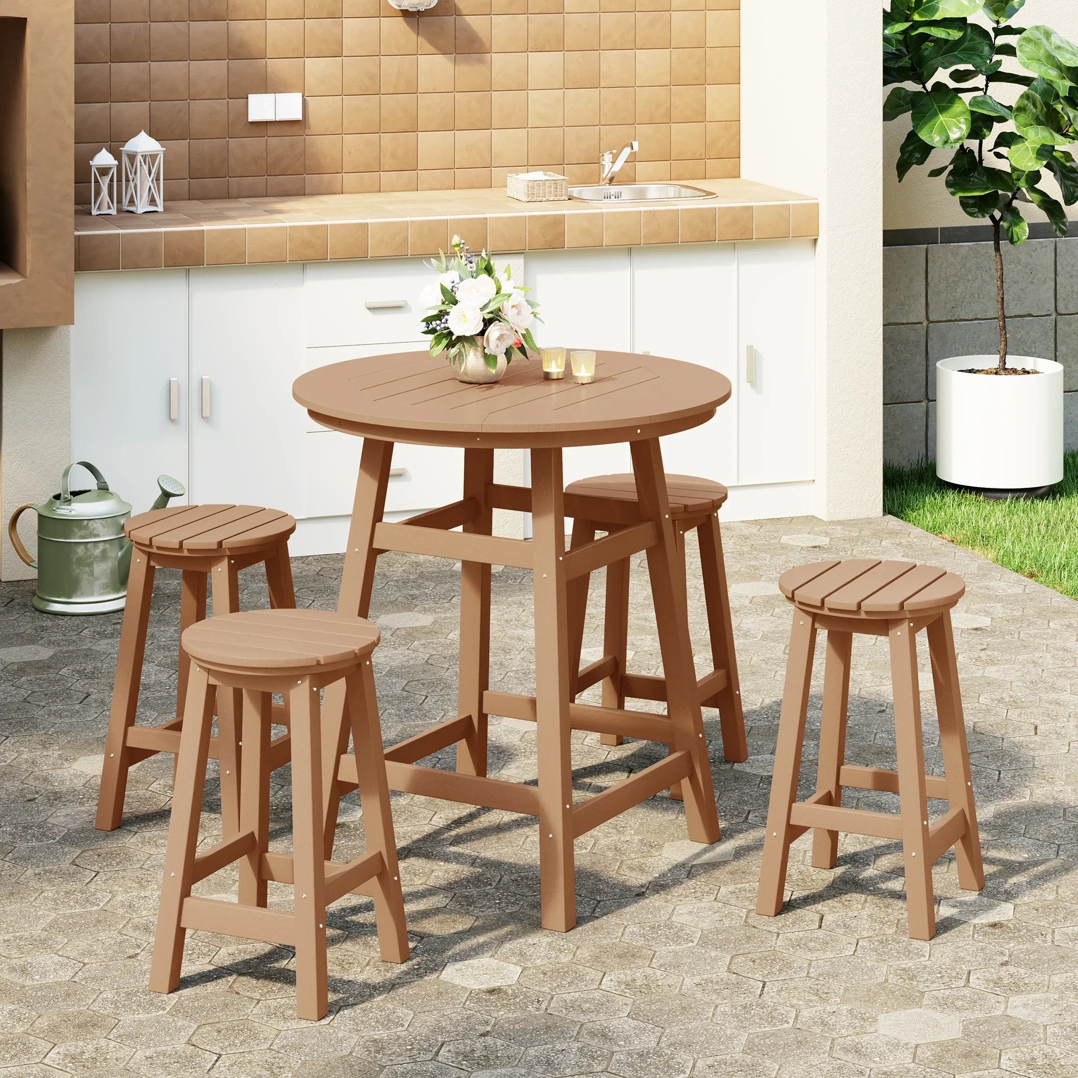 Paradise 5-Piece HDPE Outdoor Patio Dining Bar Bistro Table Set with Counter High Round Bar Stools