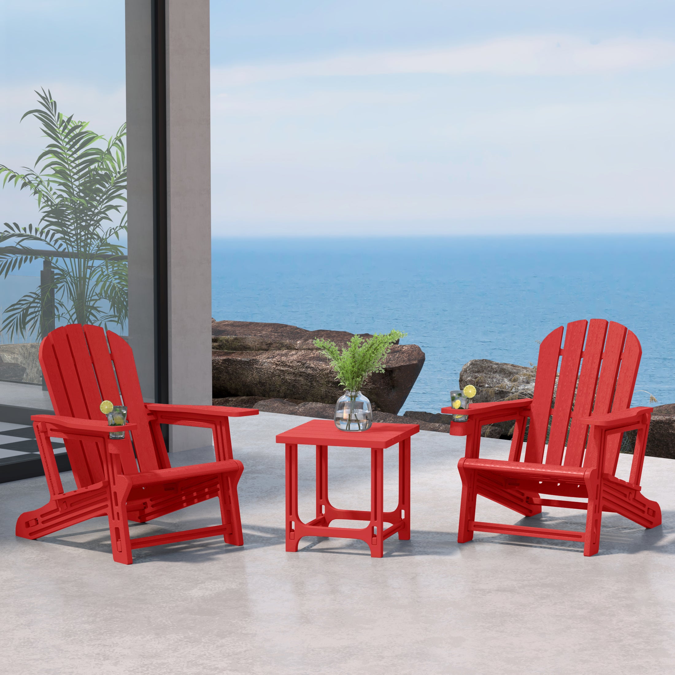 Cayman 3-Piece HDPE Plastic Adirondack Patio Chairs With 18" Square Side Table Set