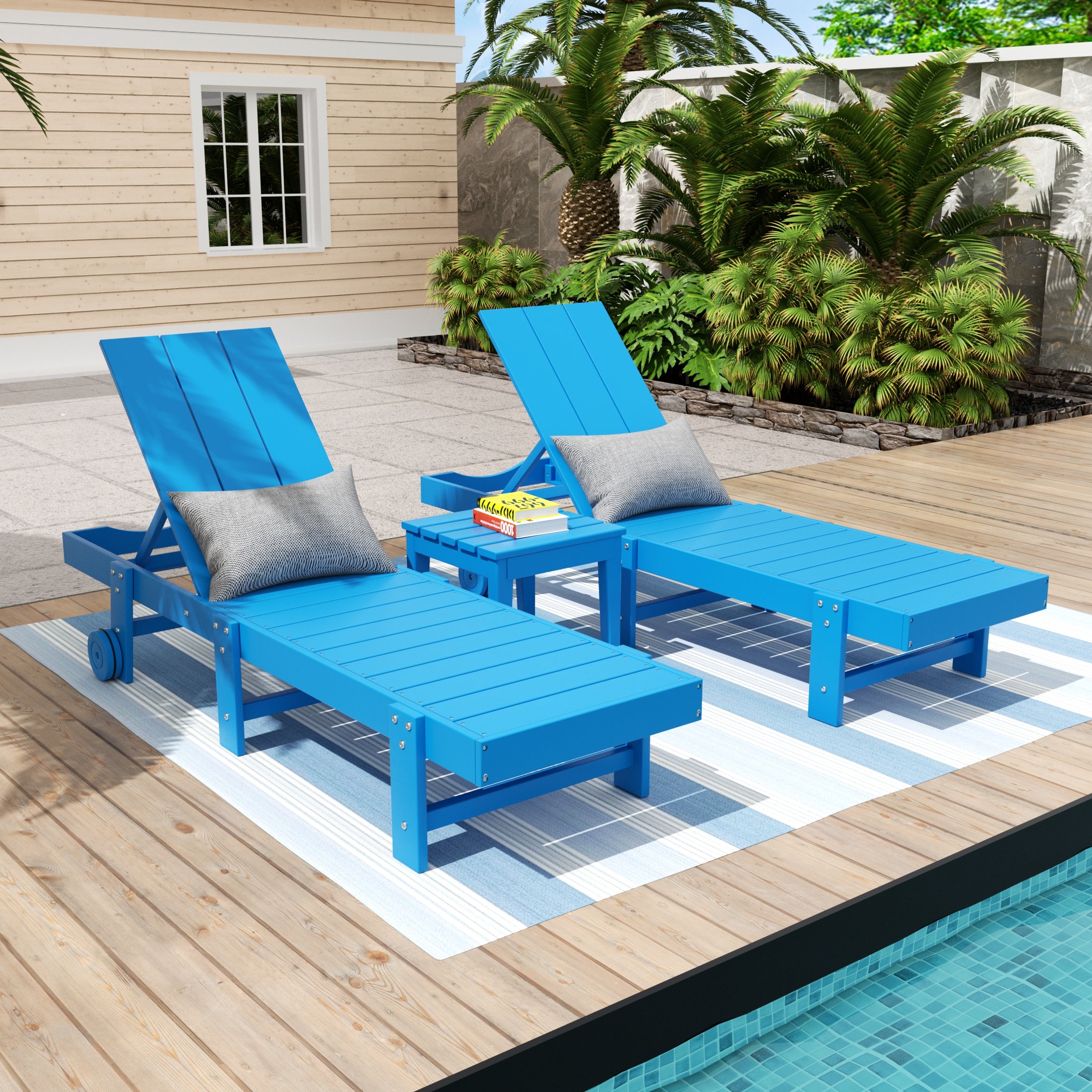 Palms 3 Piece Modern Poly Reclining Chaise Lounge With Wheels