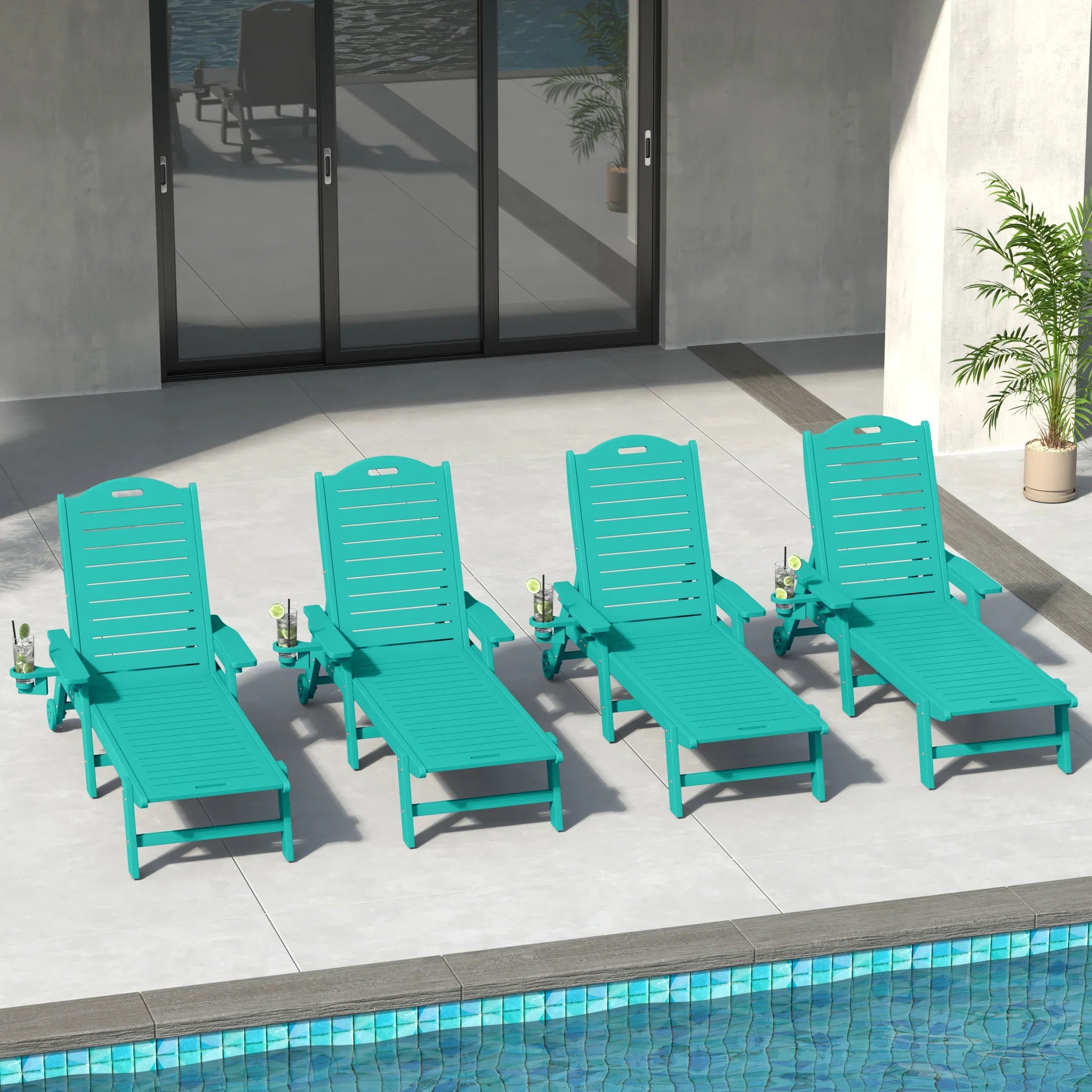 Lago Outdoor HDPE Patio Chaise Lounges With Wheels & Cup Holder (Set of 4)
