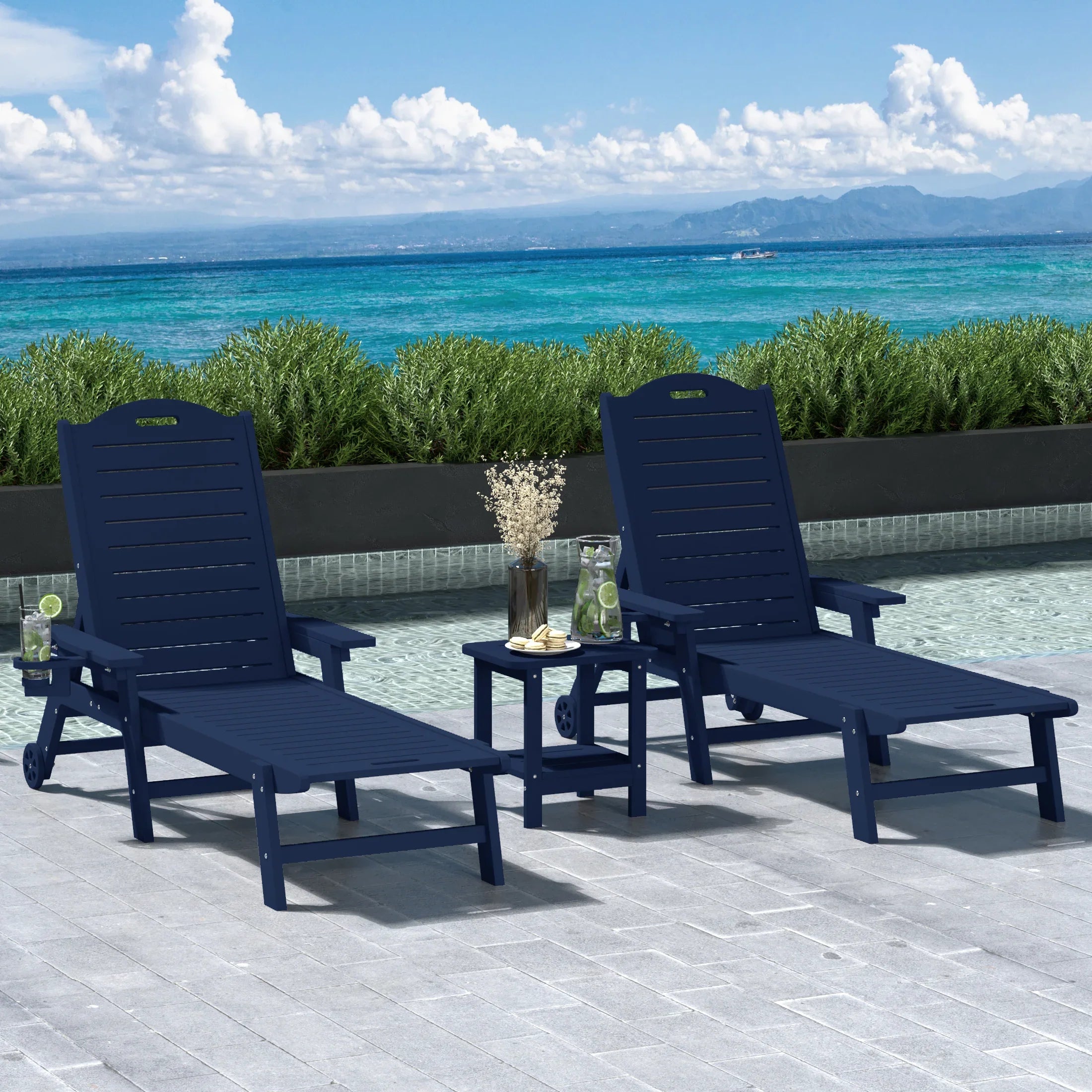 Lago 3-Piece Outdoor Patio Chaise Lounge Chair with Wheels & Cup Holder with Patio Side Table