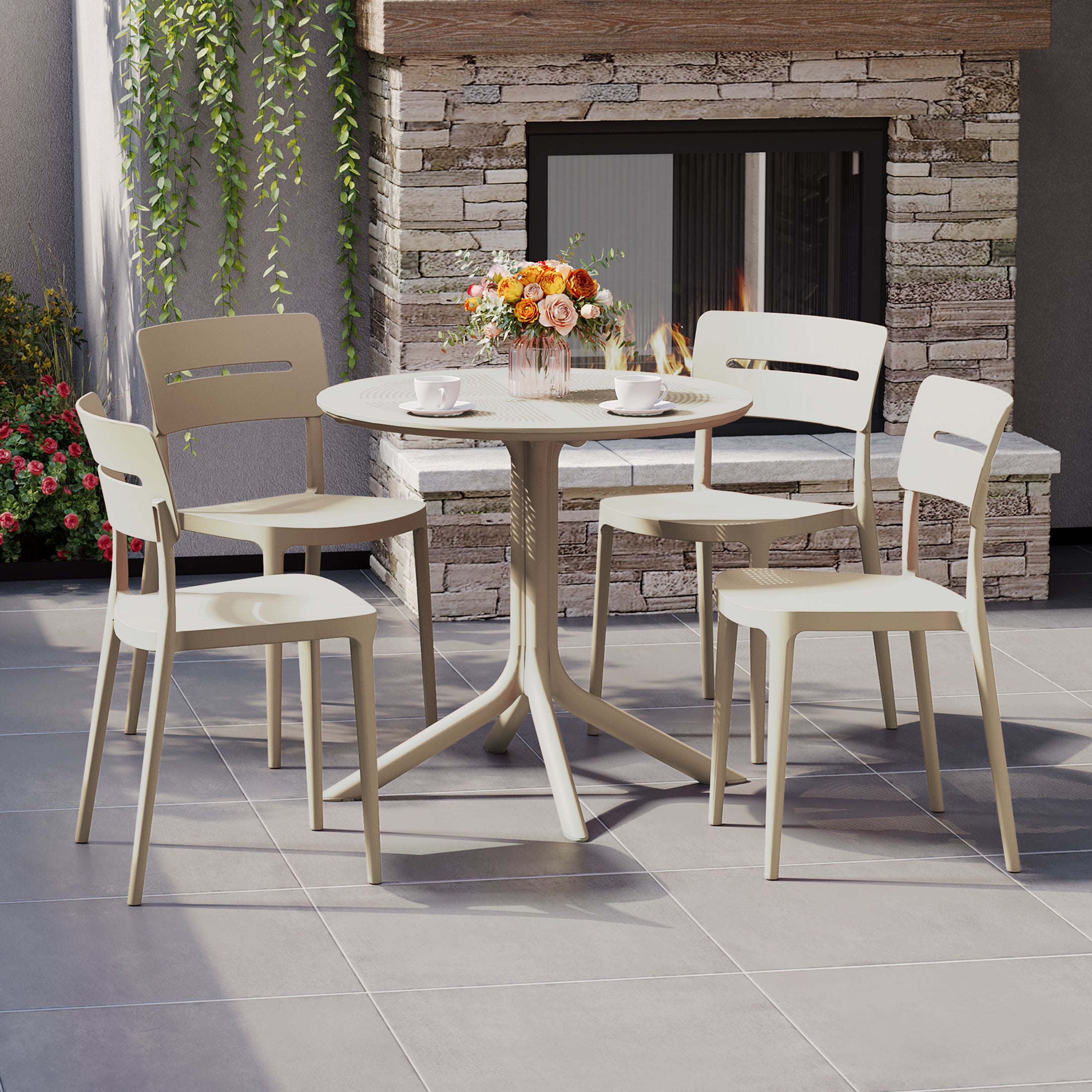 Sunshine Modern 5-Piece Resin Round Patio Dining Table Set with Stackable Patio Dining Chairs