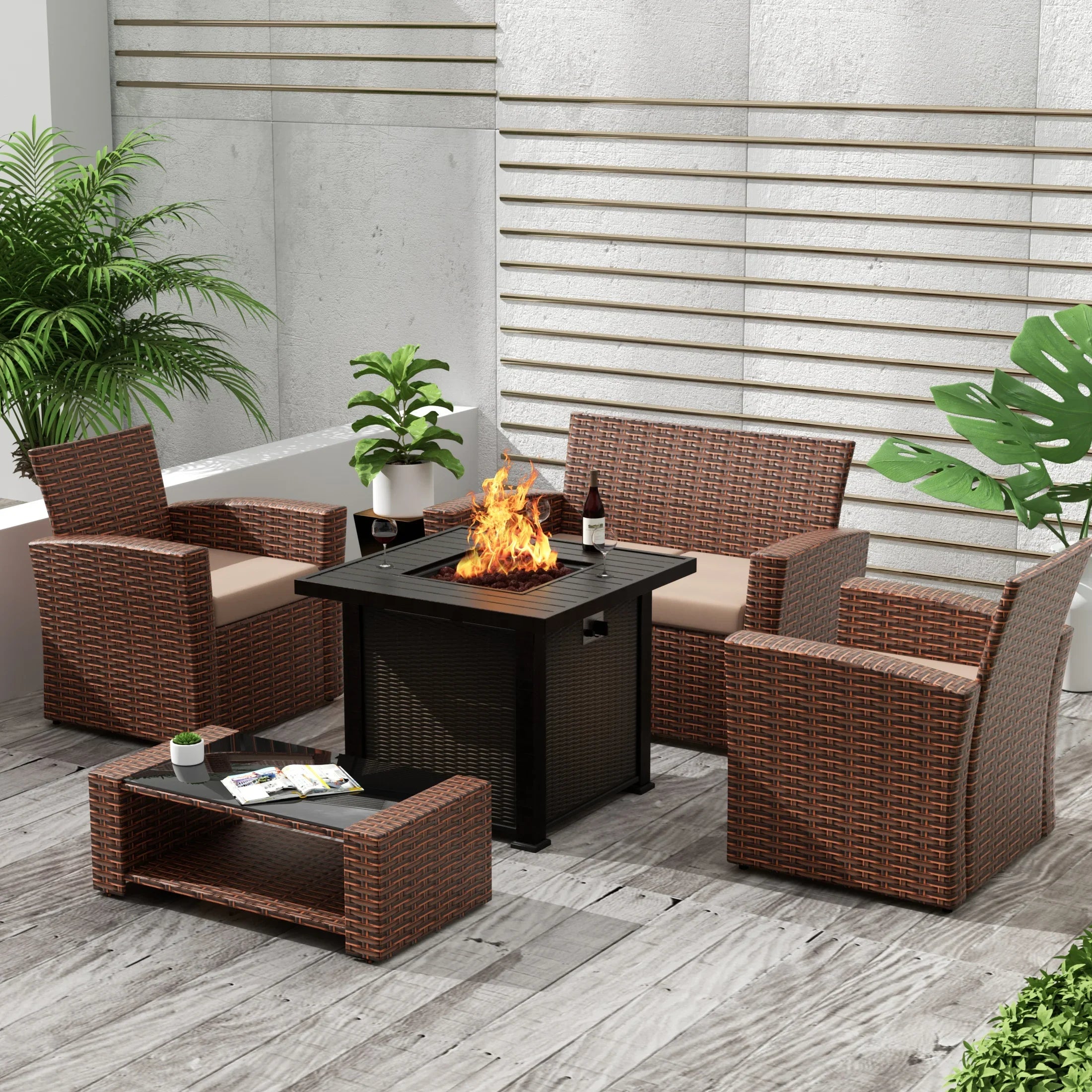 Wynston 4-Piece Conversation Outdoor Patio Sofa Set with Square Fire Pit Table, Brown