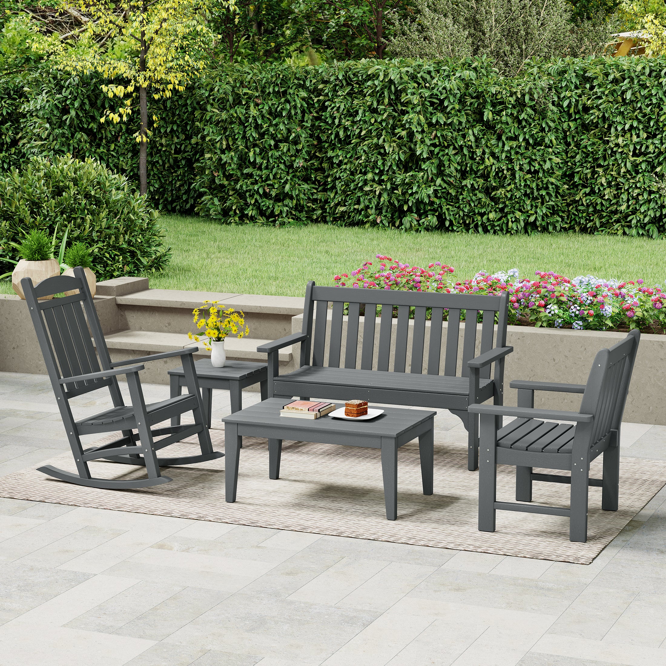 Paradise 5-Piece HDPE Outdoor Patio Furniture Couch and Rocking Chair Set