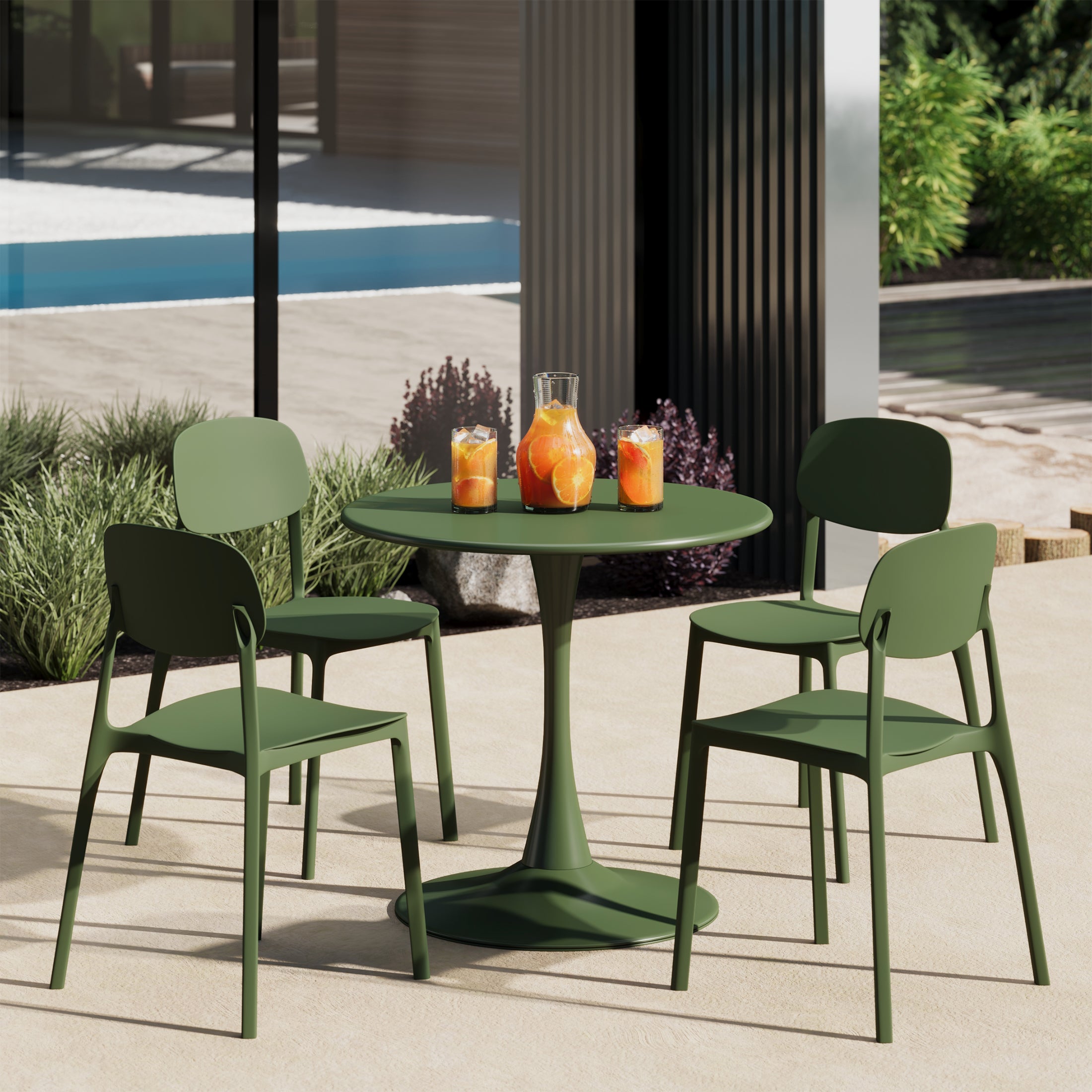 Sunshine 5-Piece Indoor Outdoor Metal Round Patio Dining Table Set With Stackable Resin Patio Side Chairs