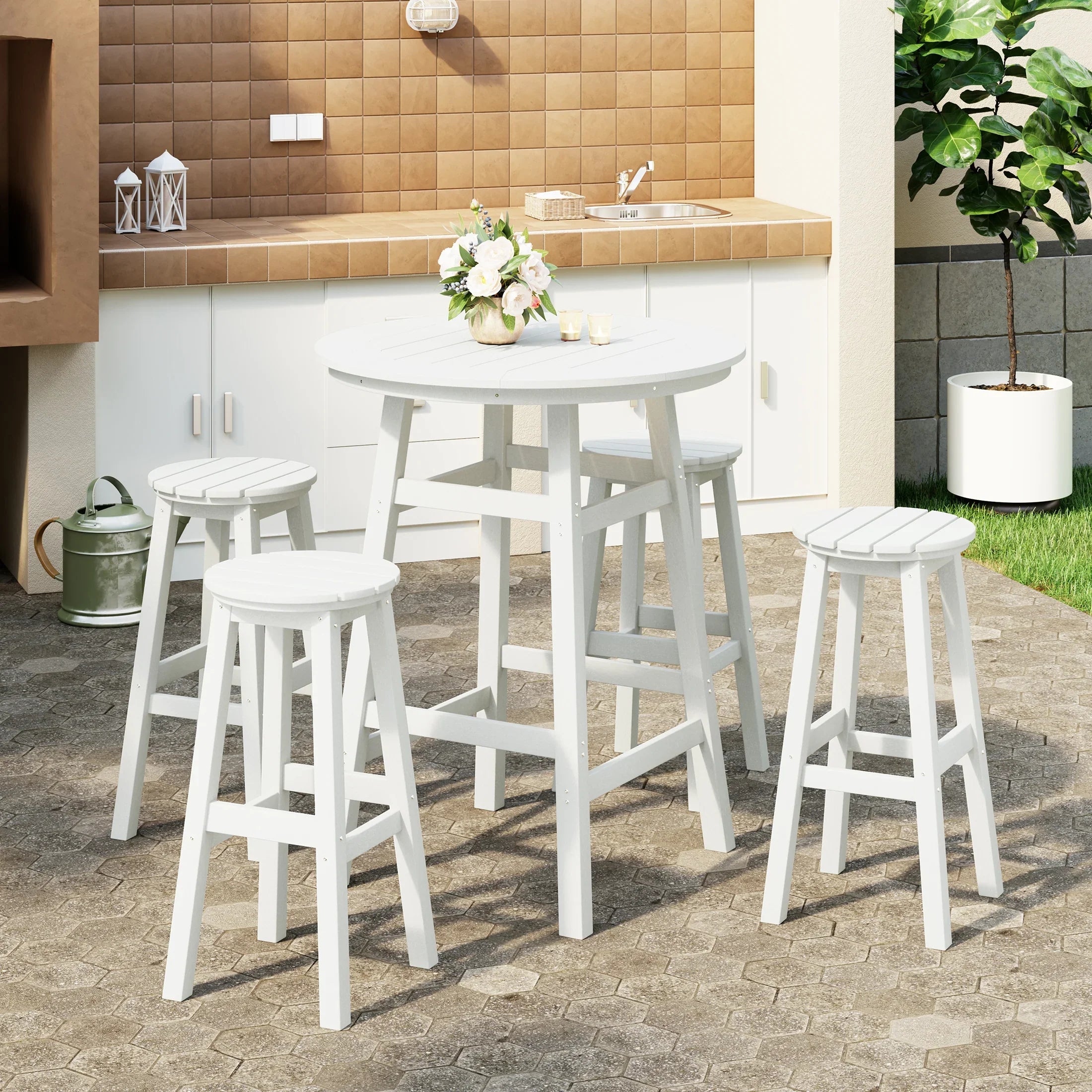 Paradise 5-Piece HDPE Outdoor Patio Dining Bar Bistro Table Set with Bar Stools