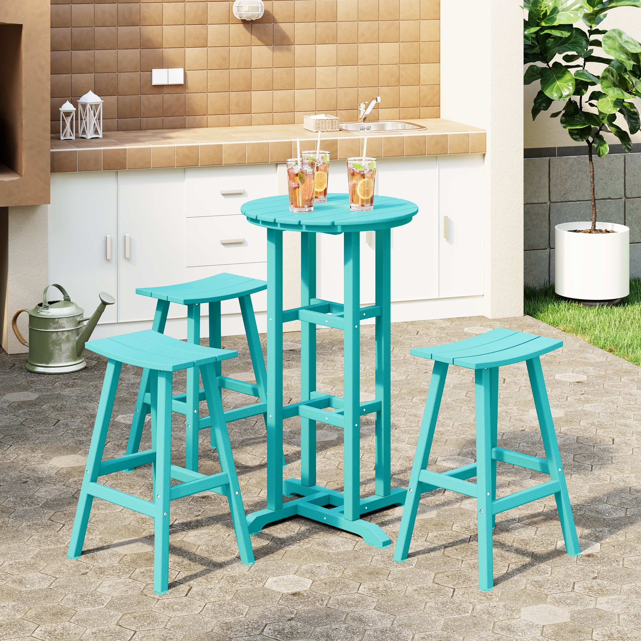 Paradise Outdoor Patio Bar Height Table and Bar Stool 4-Piece Dining Set