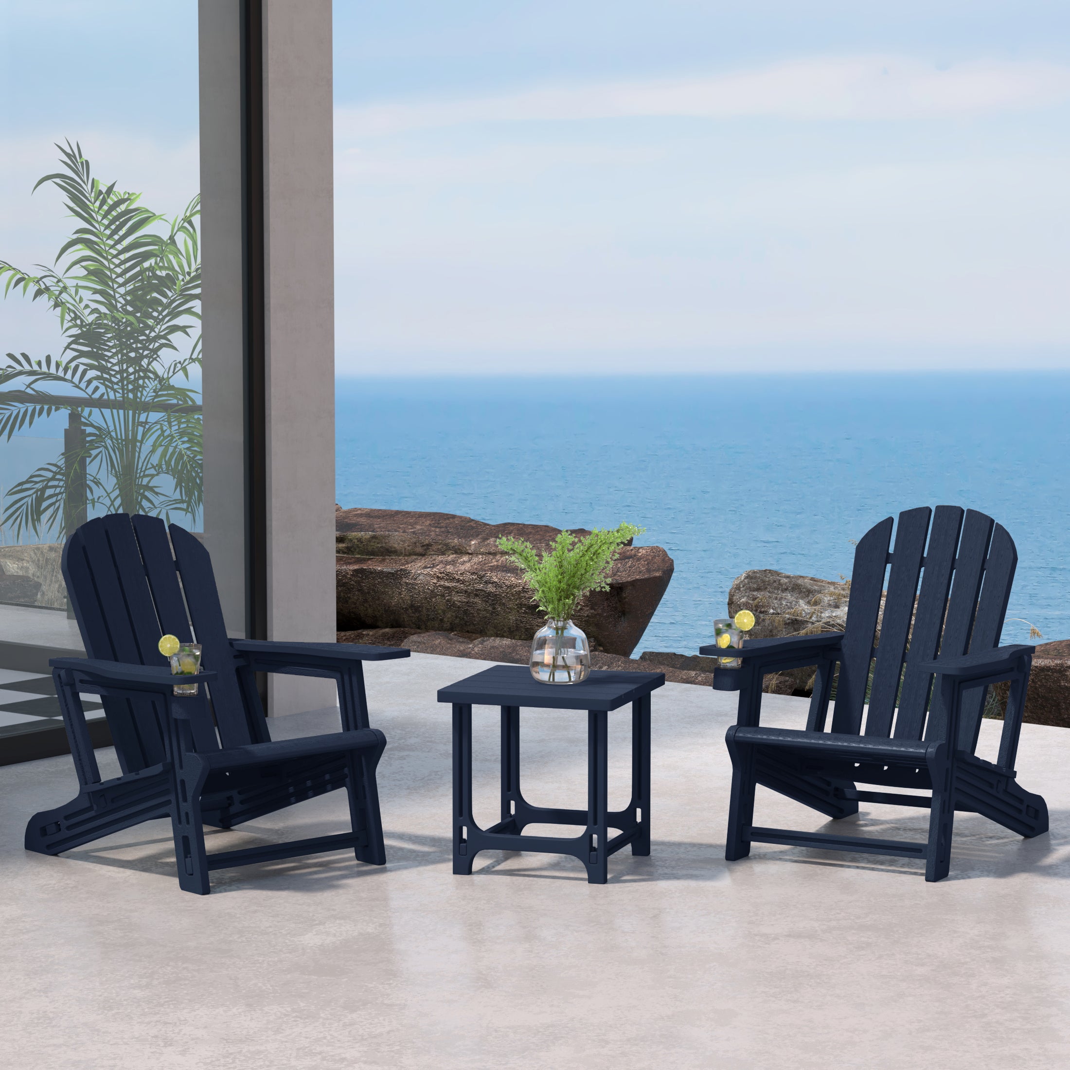 Cayman 3-Piece HDPE Plastic Adirondack Patio Chairs With 18" Square Side Table Set