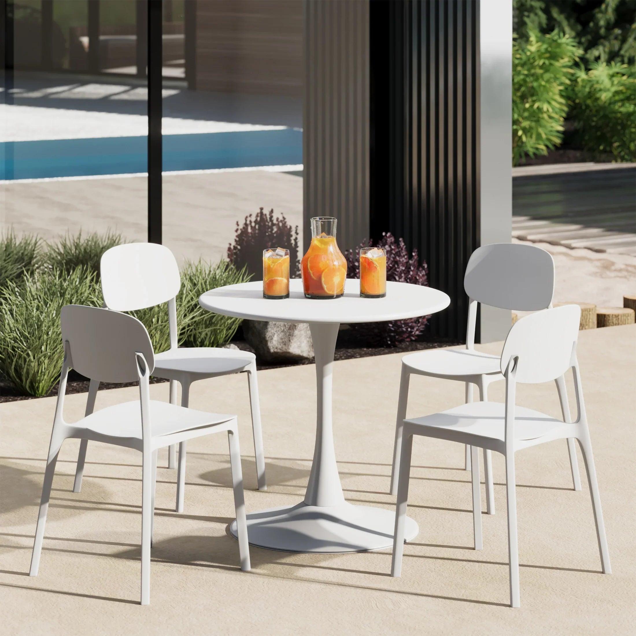 Sunshine 5-Piece Indoor Outdoor Metal Round Patio Dining Table Set With Stackable Resin Patio Side Chairs