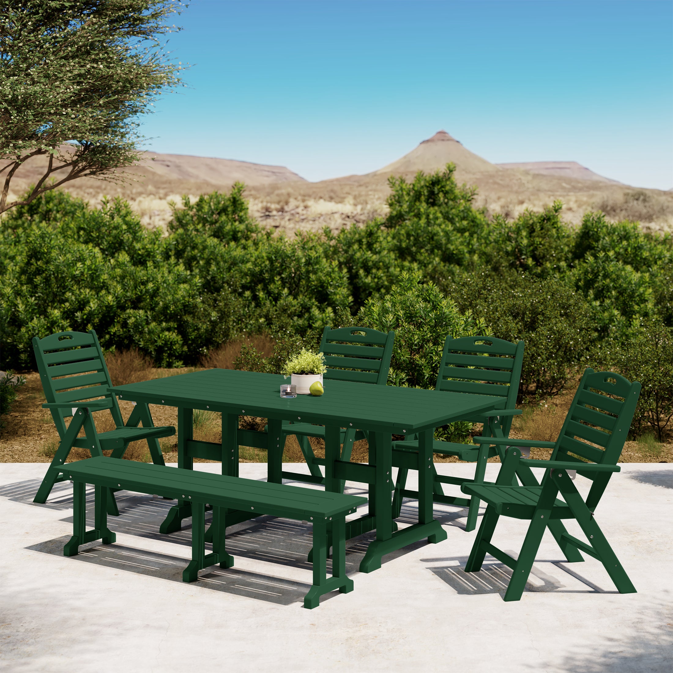 Paradise 6-Piece HDPE Rectangular Patio Dining Table Set with Foldable Chairs and Patio Bench