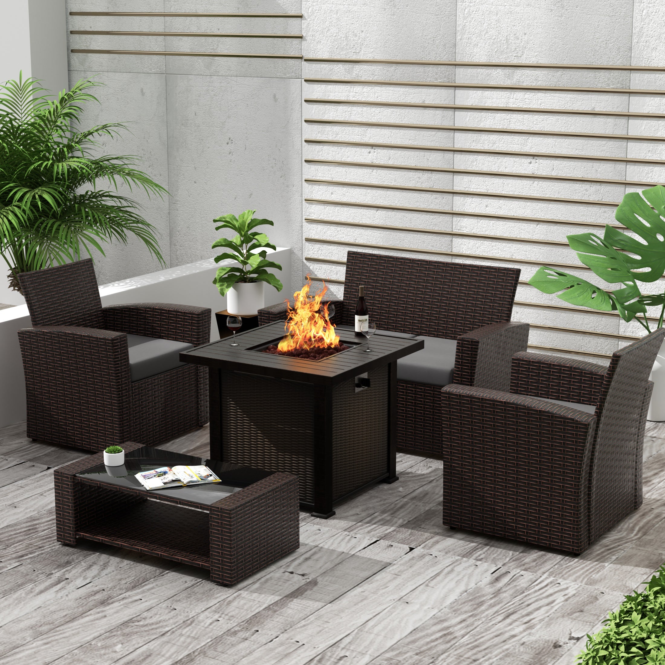 Wynston 4-Piece Conversation Outdoor Patio Sofa Set with Square Fire Pit Table, Chocolate