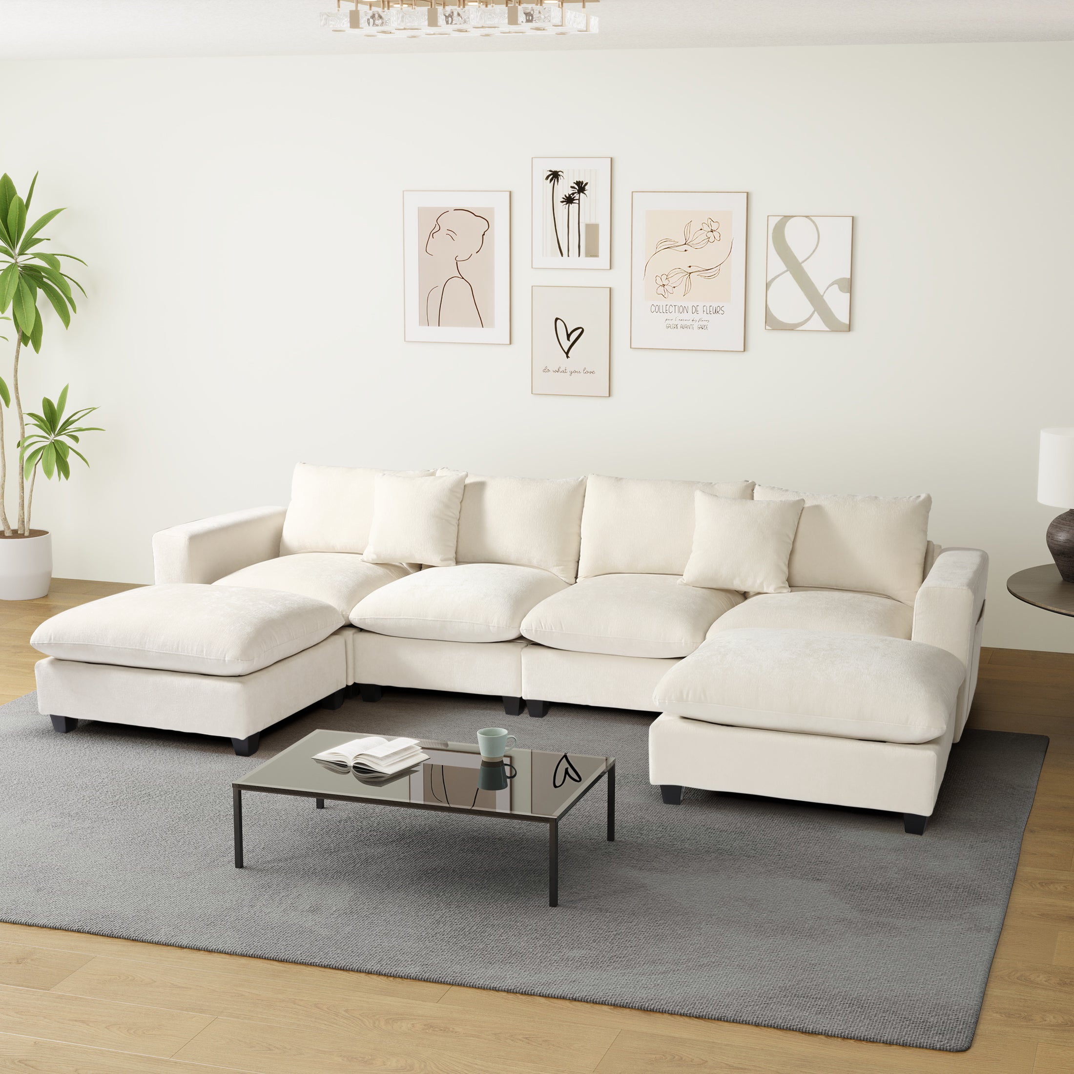 Springfield 128" Chenille Modular U-Shaped Sectional Couch and Chaise With USB/Type-C Ports and Side Pockets