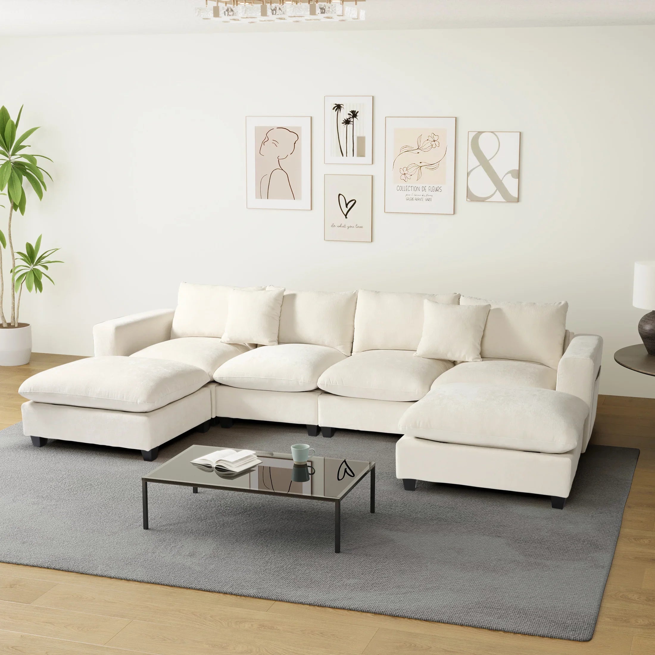 Springfield 128" Chenille Modular U-Shaped Sectional Couch and Chaise With USB/Type-C Ports and Side Pockets