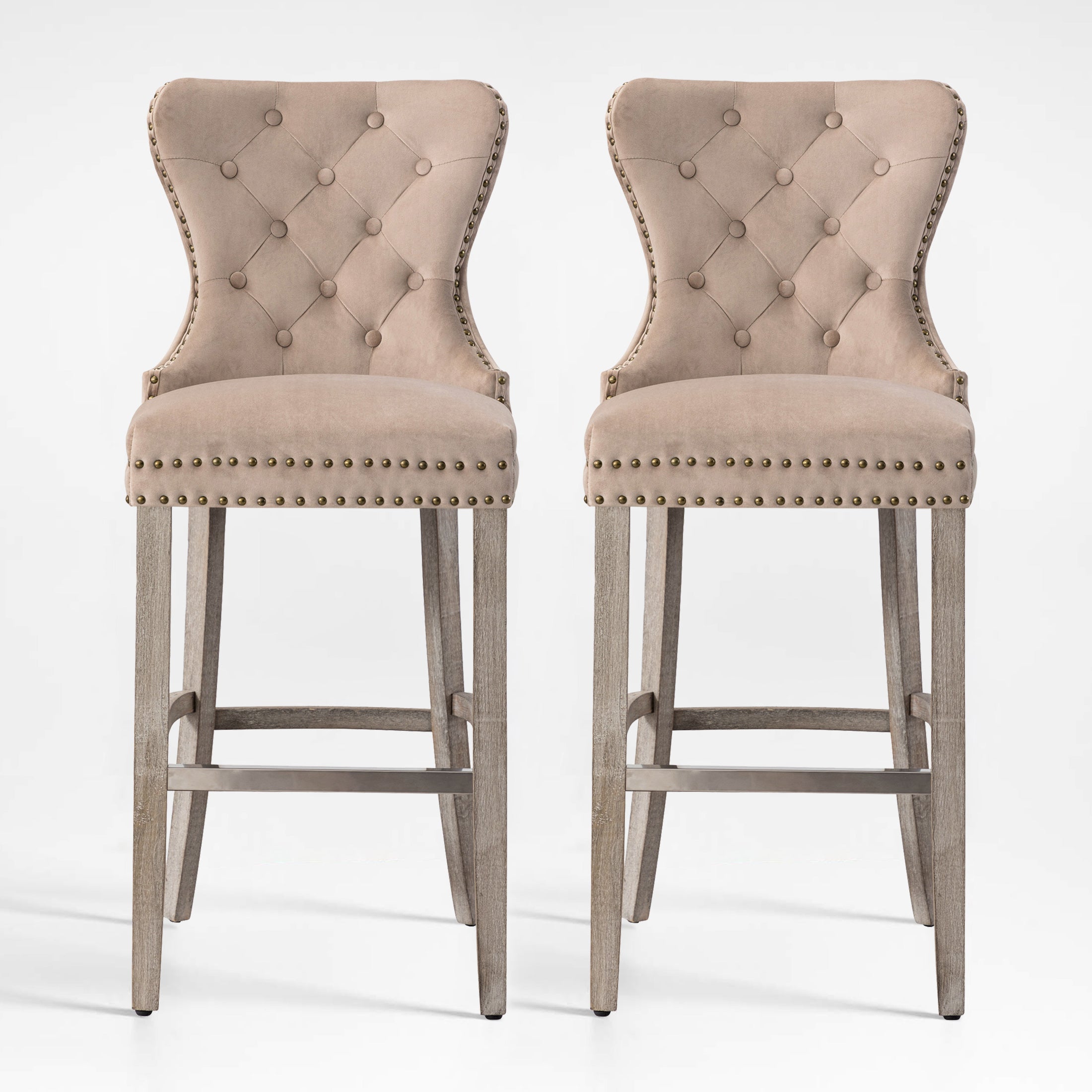 Hank 29" Tufted Velvet Bar Stool (Set of 2), Antique Gray