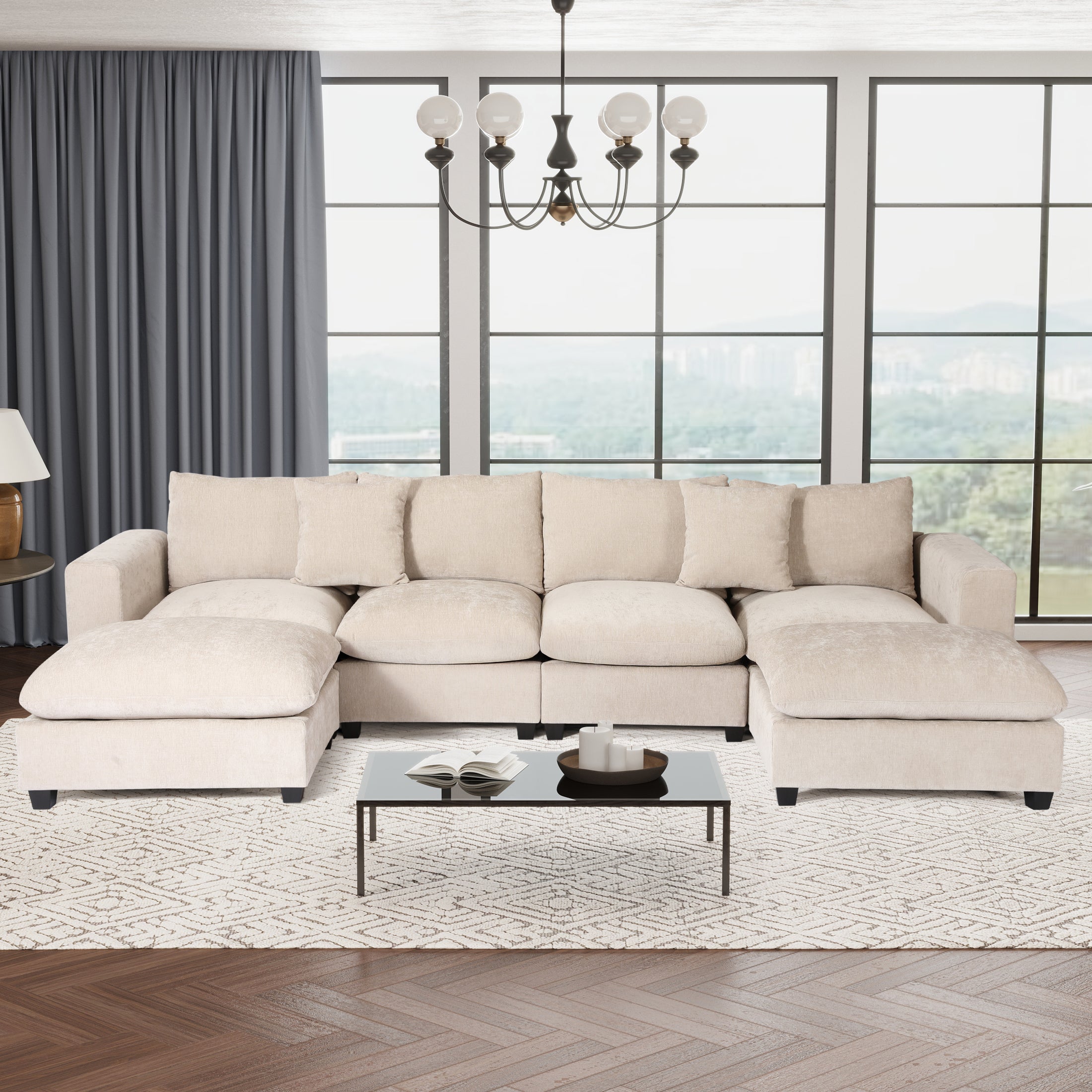 Springfield 128" Chenille Modular U-Shaped Sectional Couch and Chaise With USB/Type-C Ports and Side Pockets