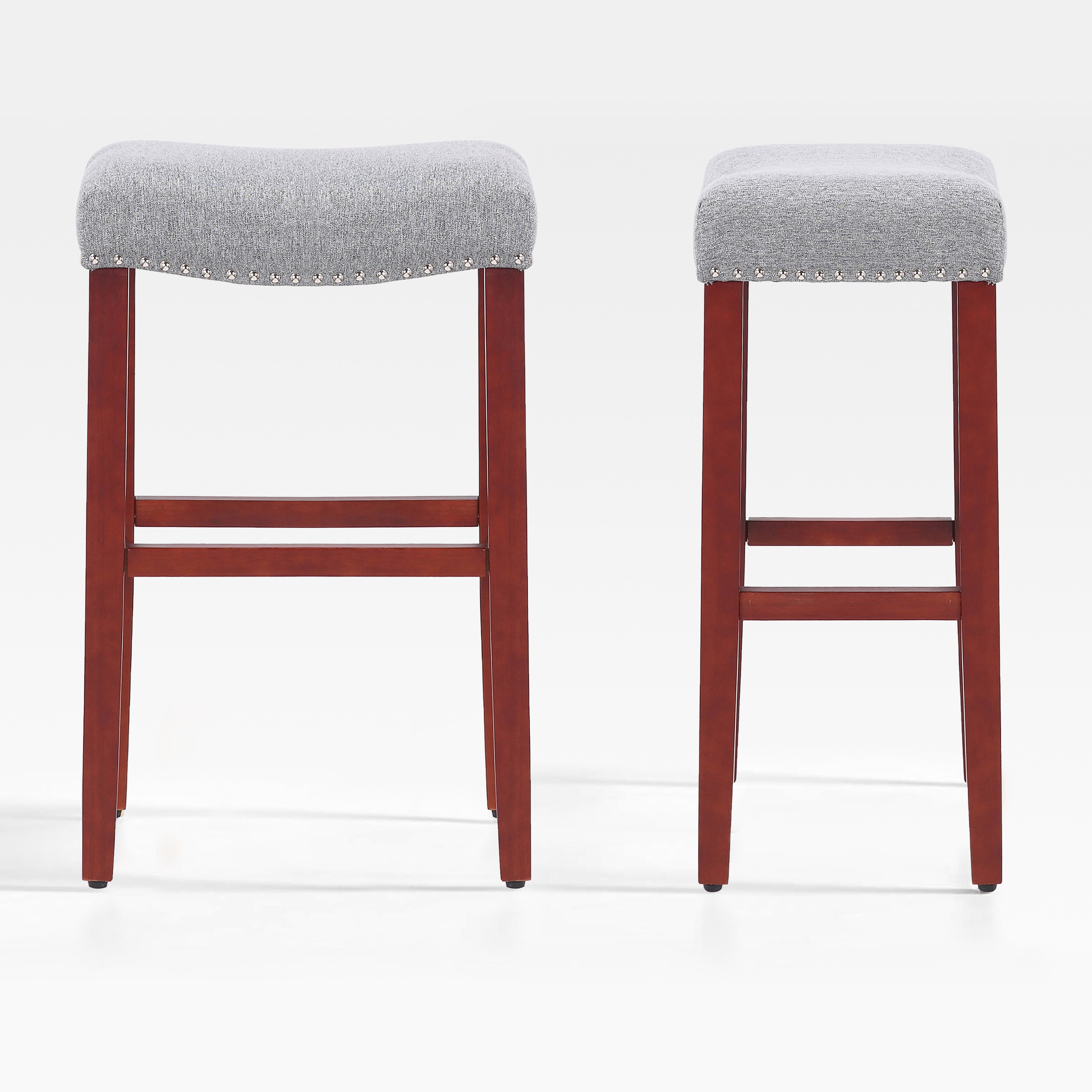 Bulmon 29" upholstered nail head bar counter stools with Cherry Red color legs (2 piece set)