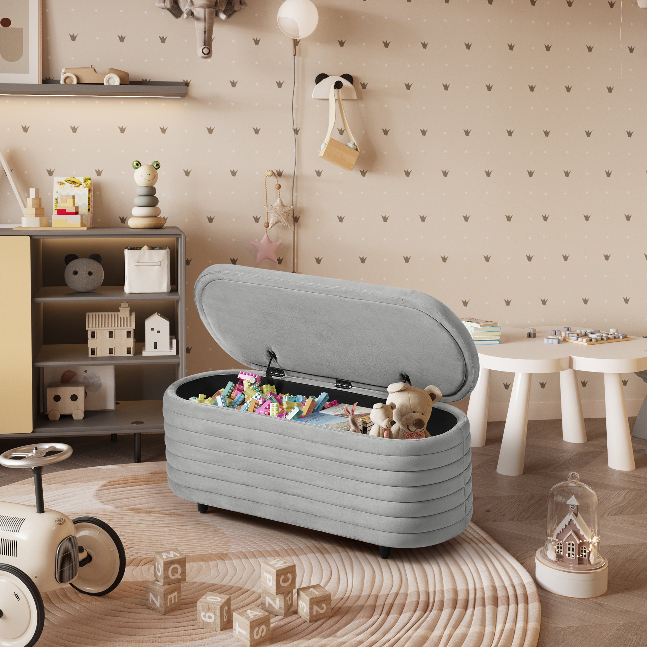 Alaia 42" Wide Mid-Century Modern Upholstered Velvet Tufted Oval Storage Ottoman Bench