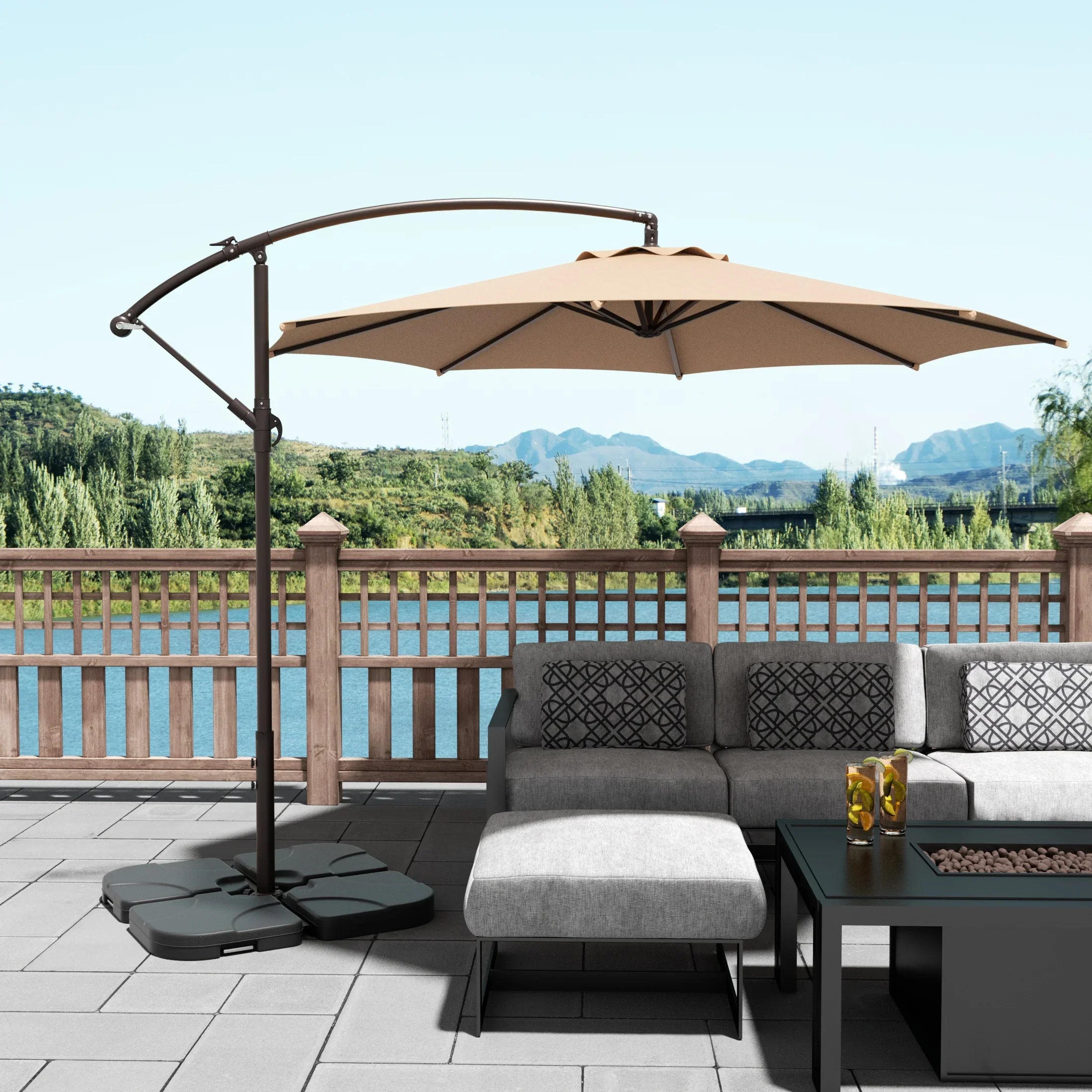 Elm 10 ft. Outdoor / Patio Cantilever Hanging Umbrella with weight base kit Elm 10 ft. Outdoor / Patio Cantilever Hanging Umbrella with weight base kit