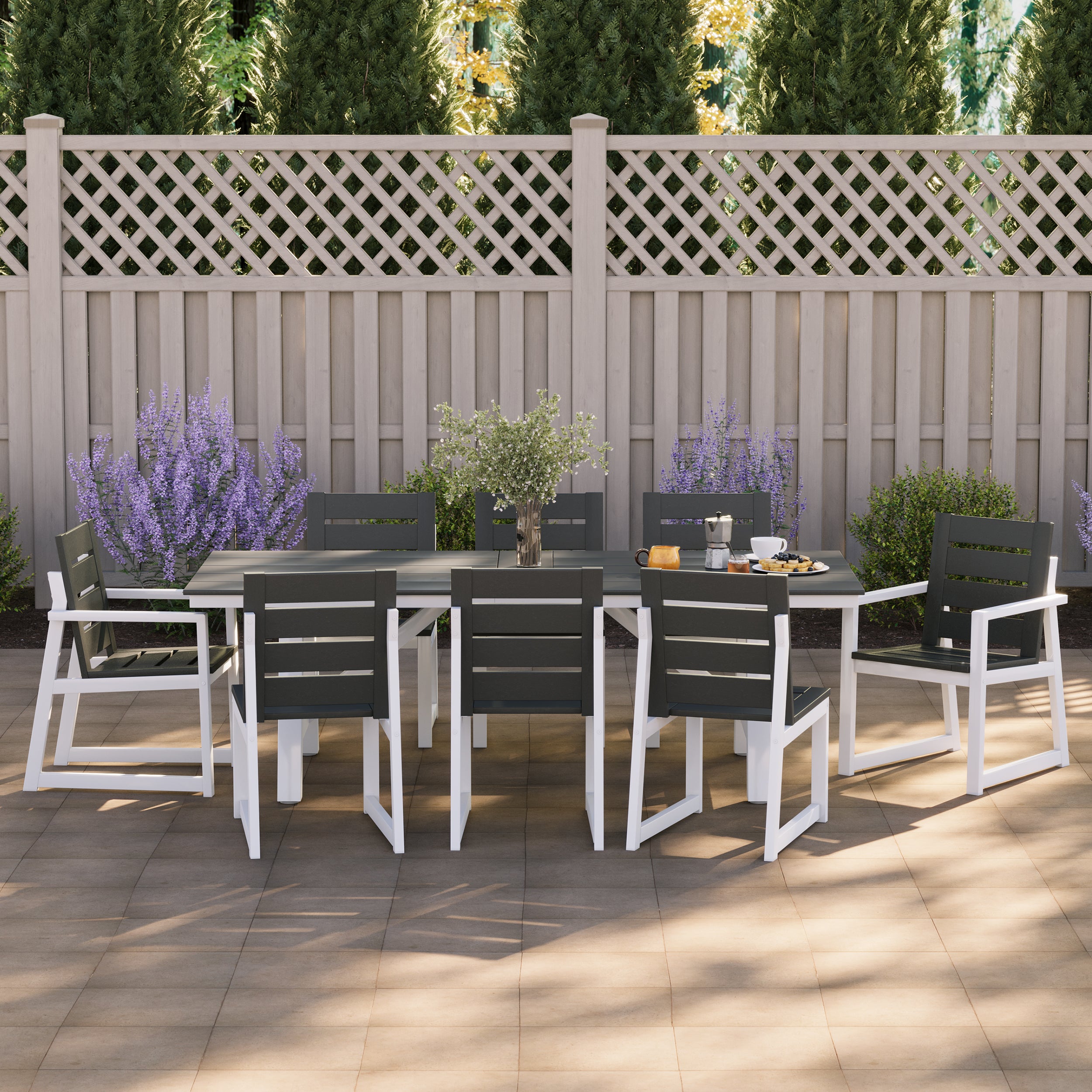 Stinson 9-Piece HDPE Outdoor Furniture Patio Dining Table With Umbrella Hole and Chairs Set For 8