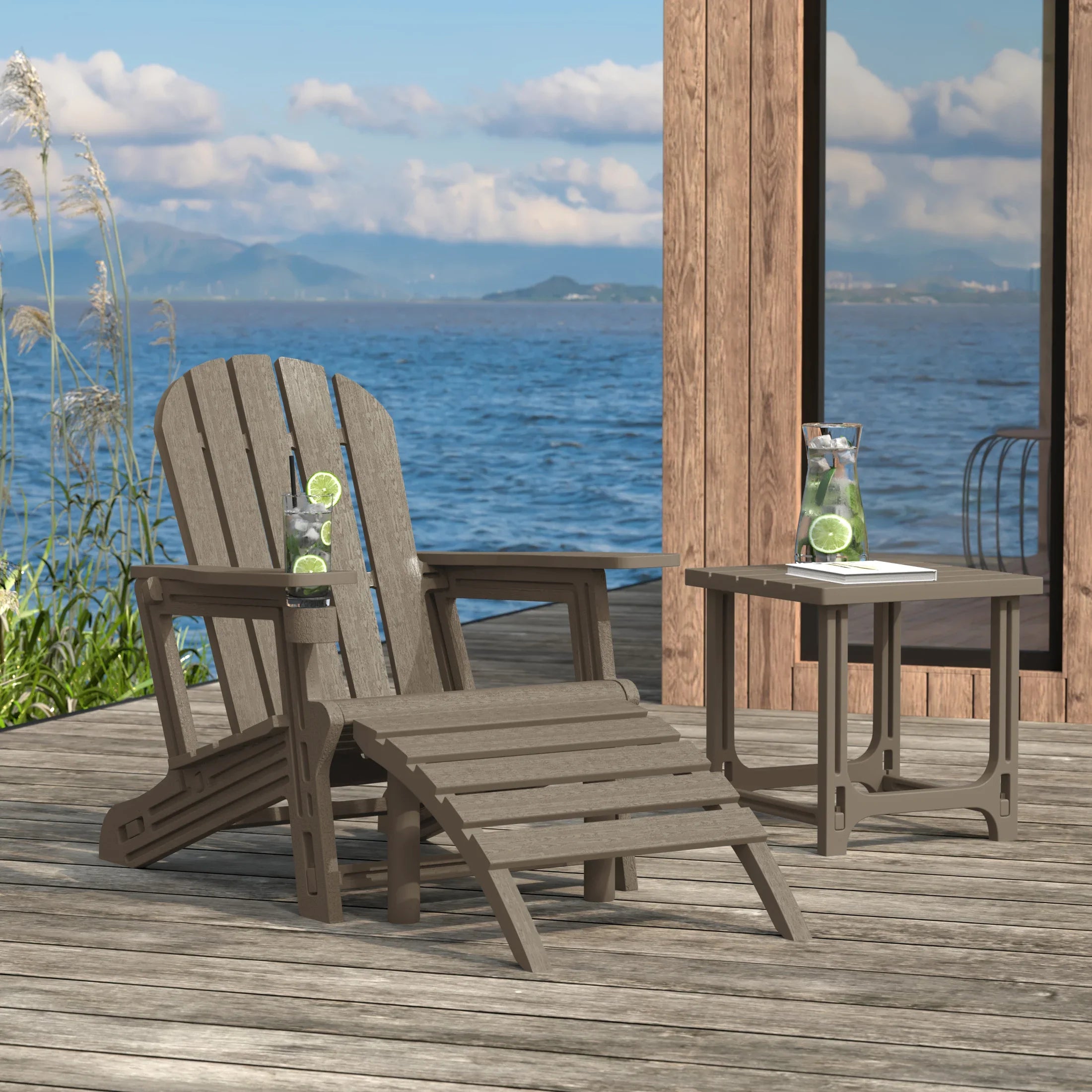 Cayman 3-Piece HDPE Outdoor Patio Adirondack Chair with Ottoman and 18" Side Table Set