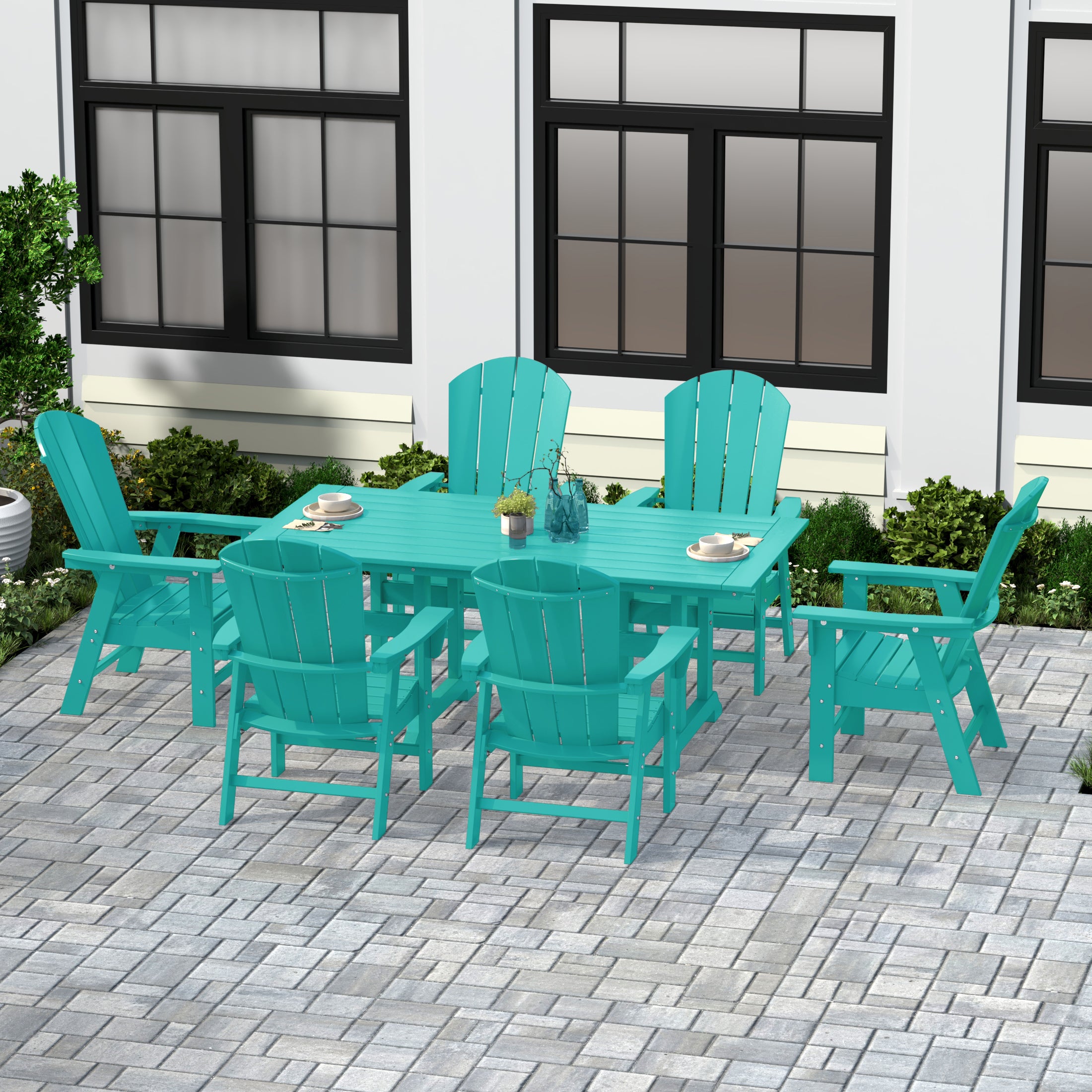Paradise 7 Piece Outdoor Patio Dining Table and Adirondack Armchair Set