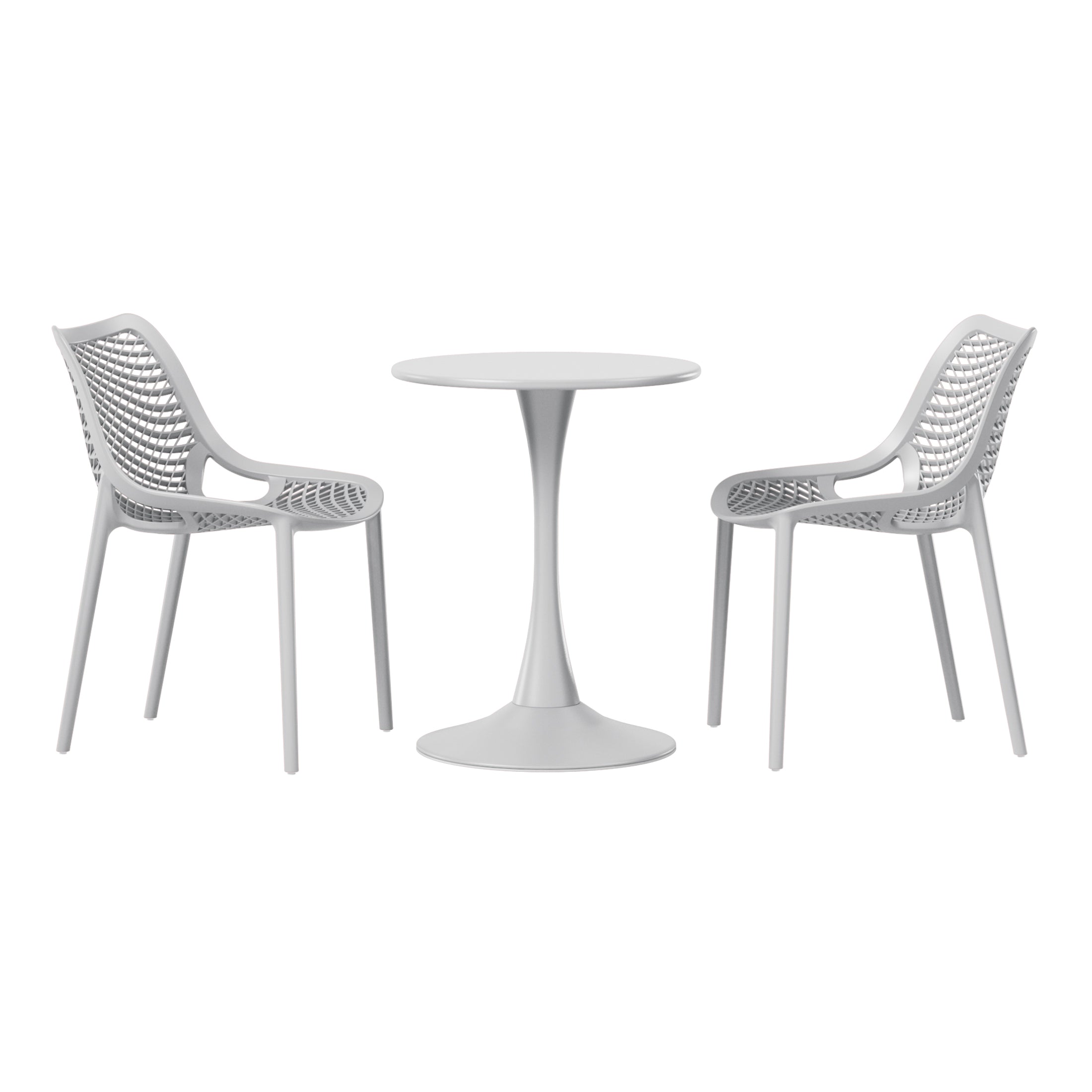 Sunshine 3-Piece Outdoor Round Metal Dining Table Set And Stackable Resin Patio Dining Side Chairs