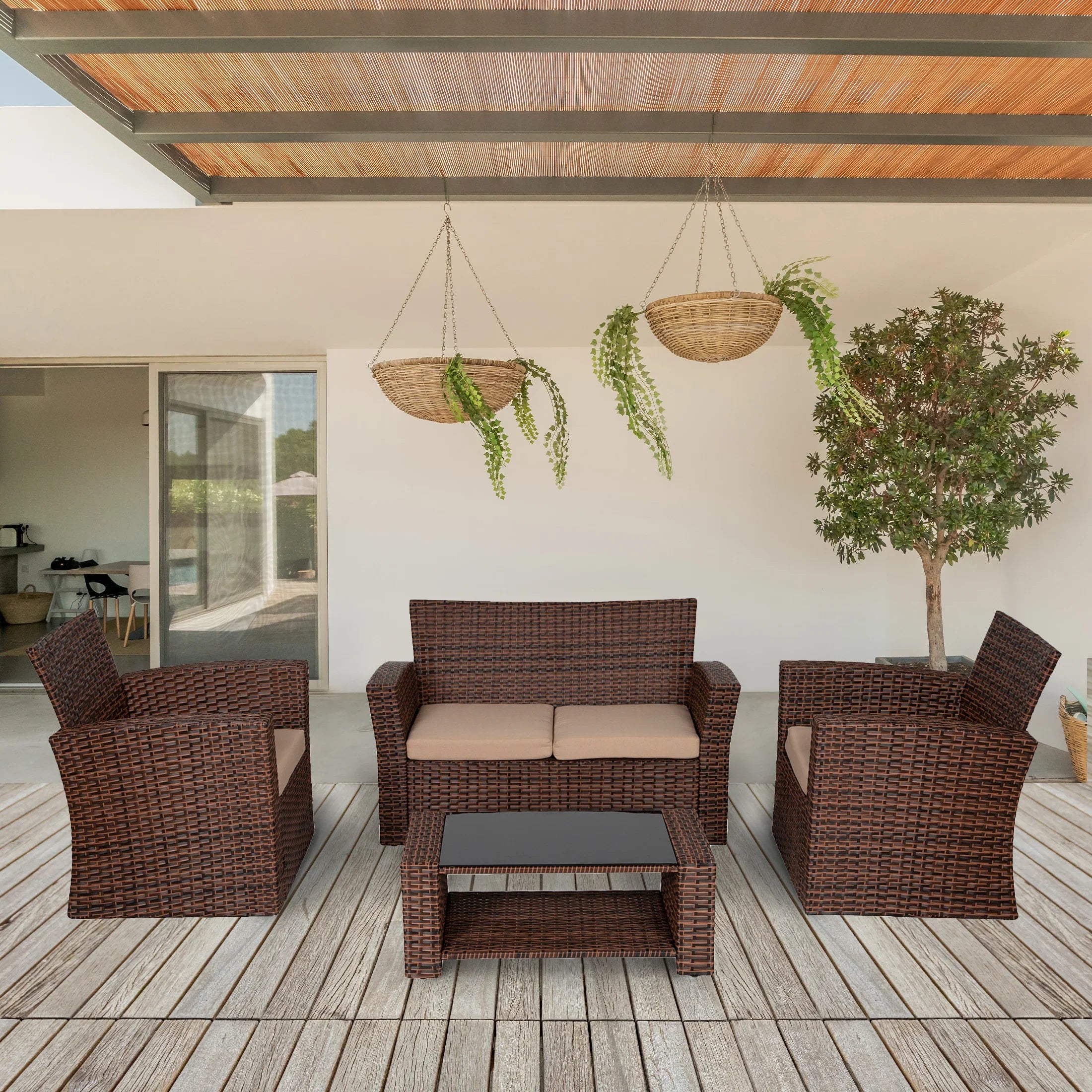 Wynston 4-Piece set Brown color base Outdoor / Patio Wicker Rattan Conversation Sofa set with cushions and a Coffee table ( 4 seater )