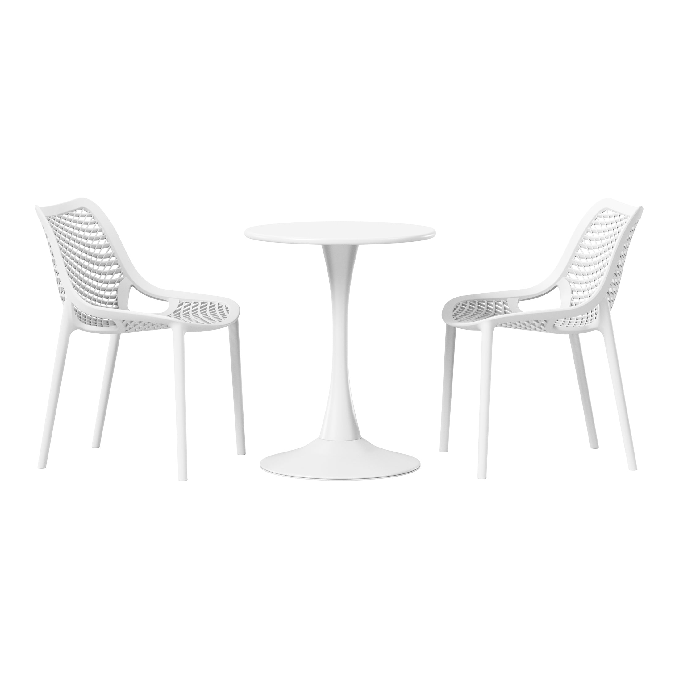 Sunshine 3-Piece Outdoor Round Metal Dining Table Set And Stackable Resin Patio Dining Side Chairs