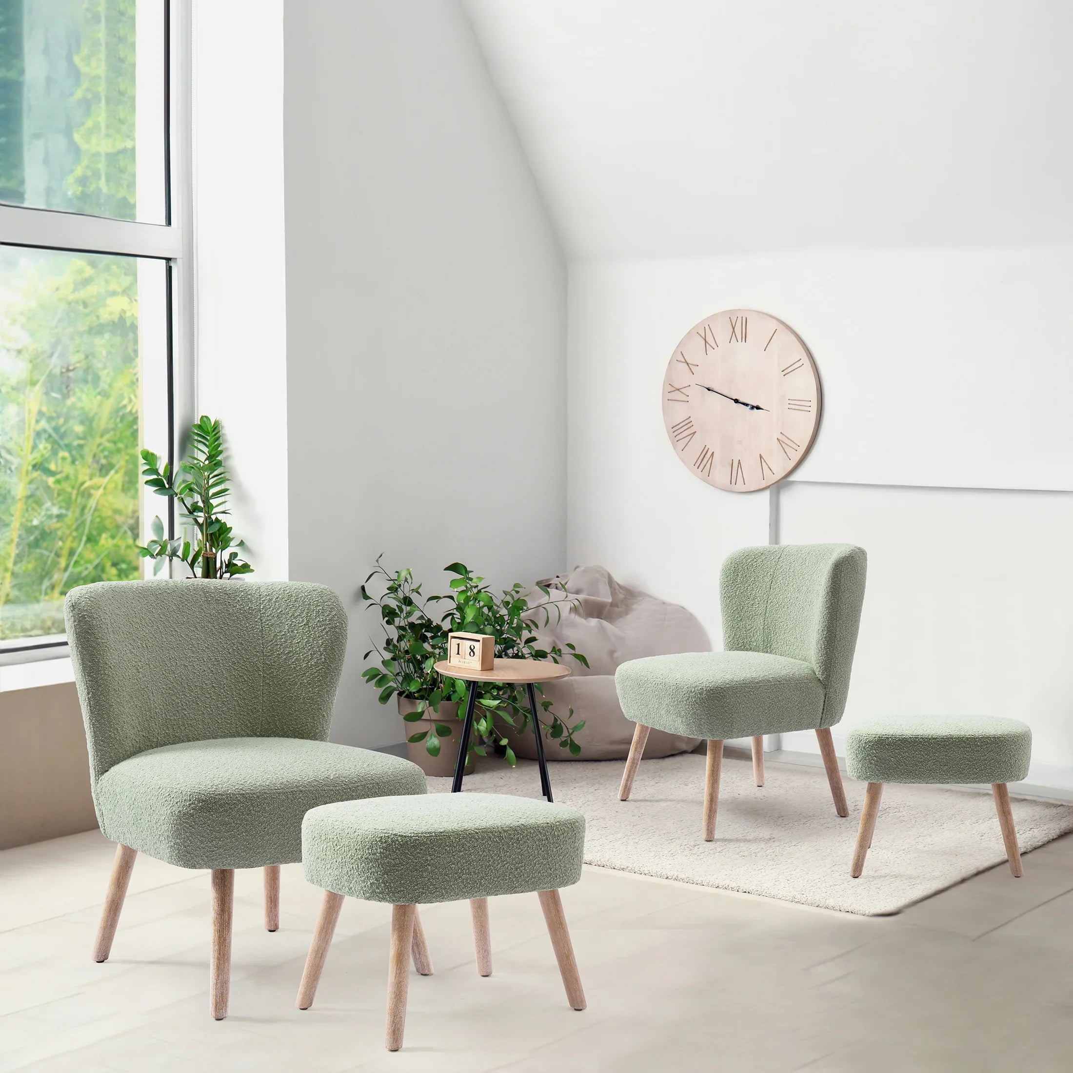 Amélie 4-Piece Set Mid-Century Boucle Accent Chairs with Ottoman Foot Stools