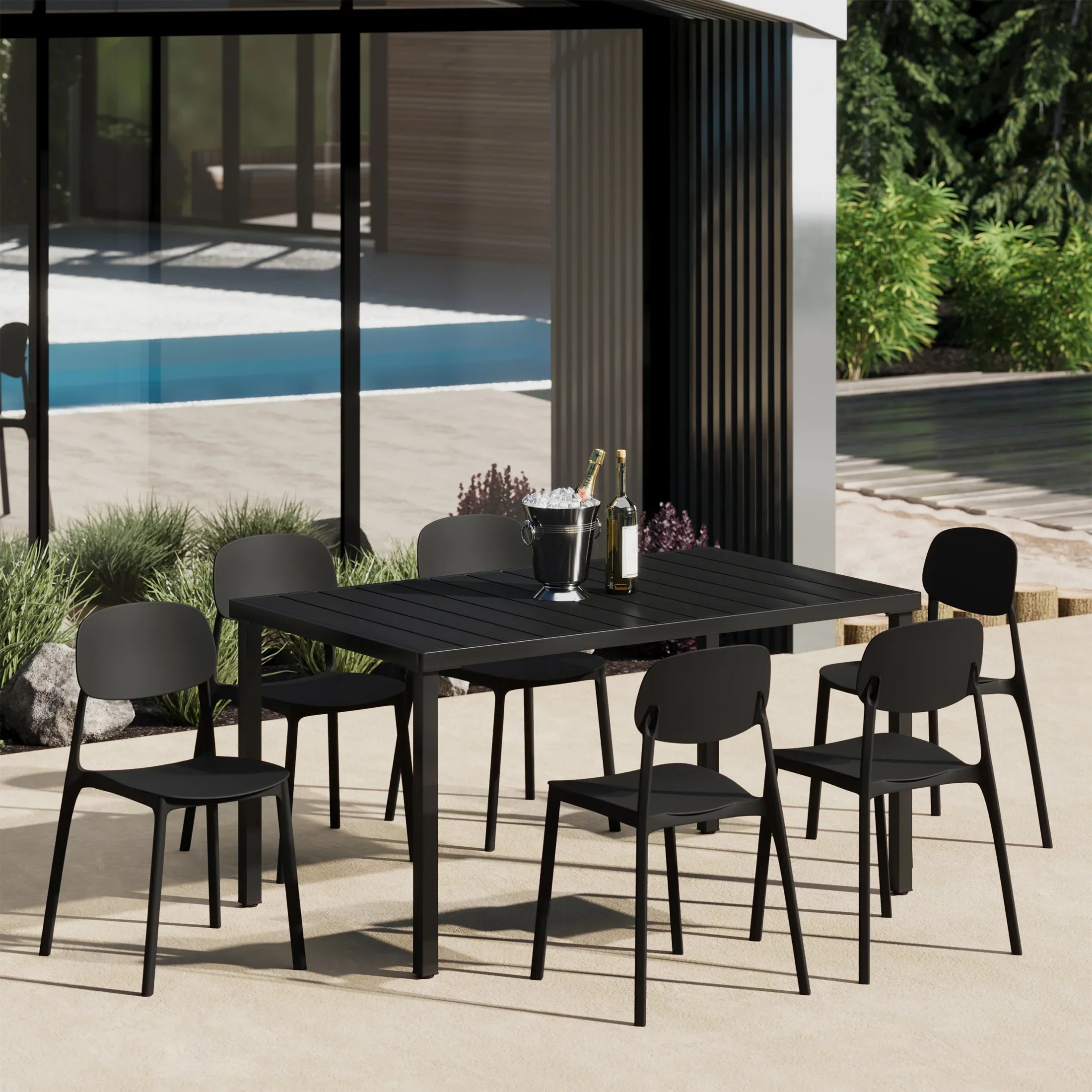 Sunshine 7-Piece Outdoor Rectangular Metal Patio Dining Table Set With Mid-Century Modern Stackable Patio Side Chairs