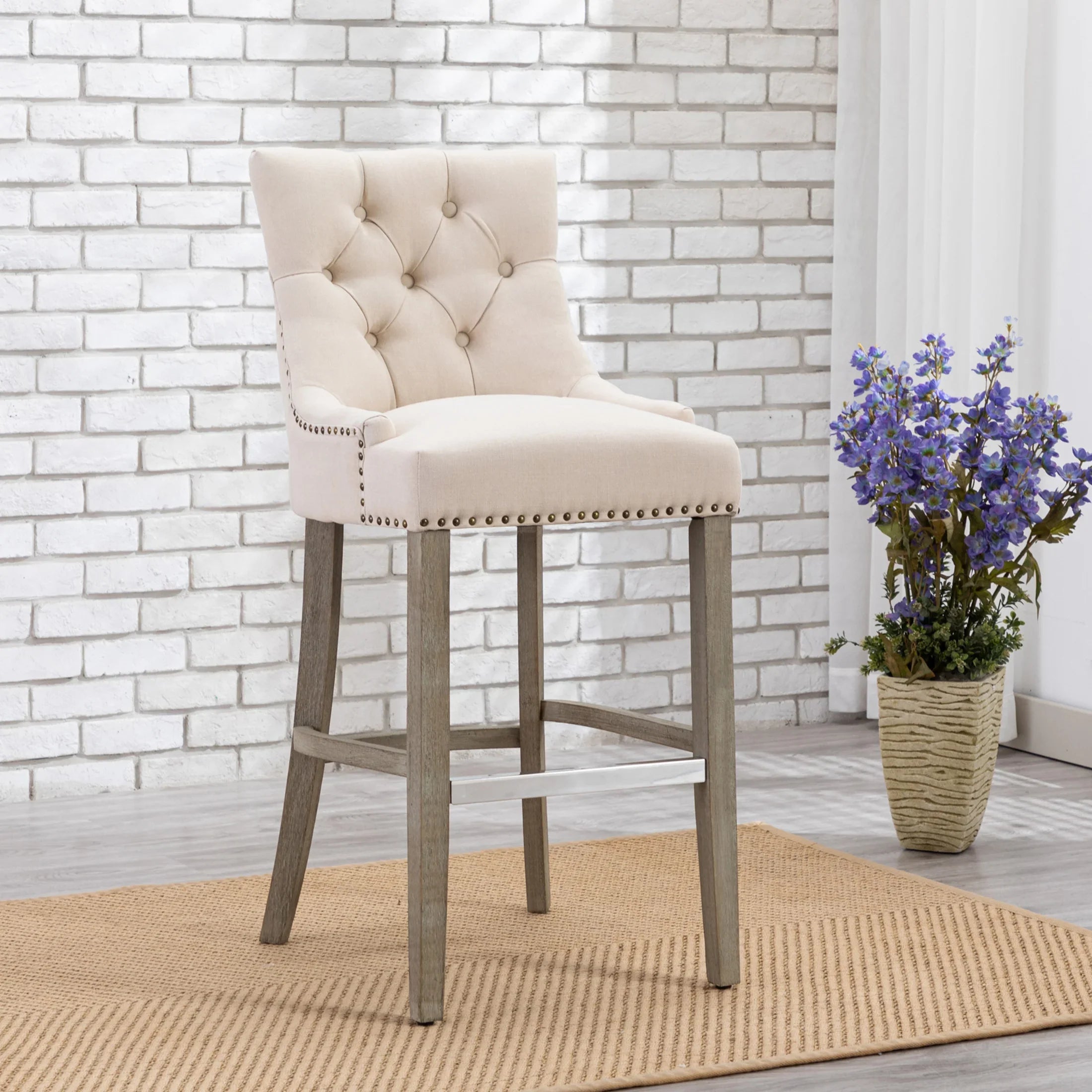 Bellmount 29" Upholstered Wood Bar Stool with Tufted Back