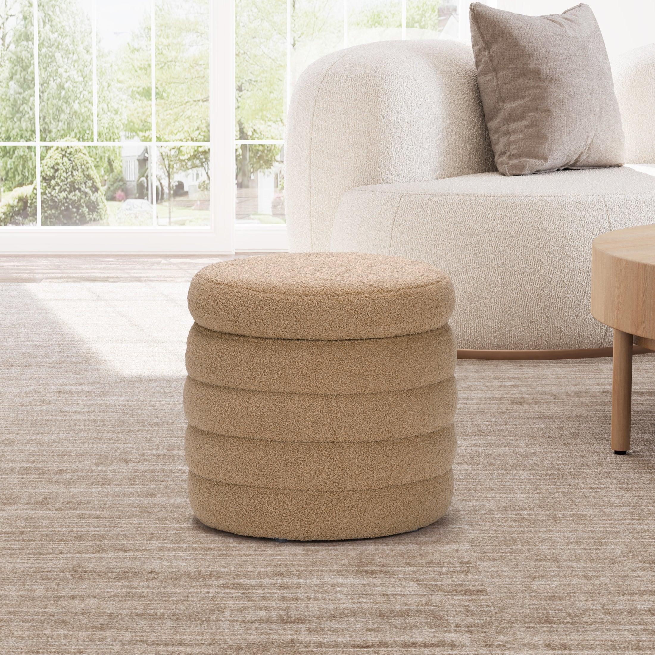 Celine Mid-Century Modern Faux Sherpa Round Storage Ottoman