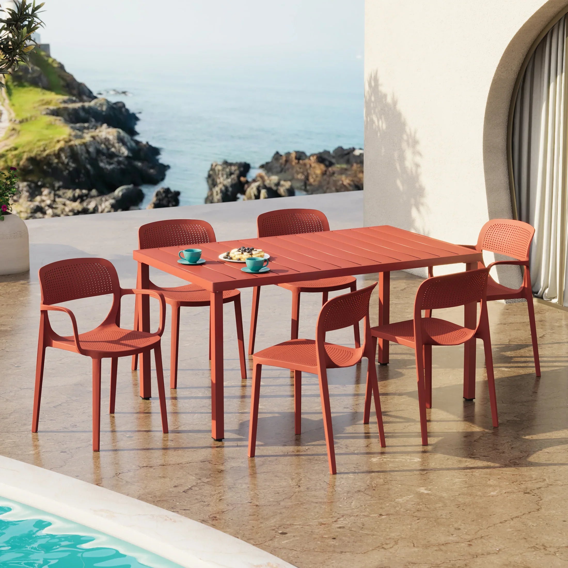 Sunshine 7-Piece Outdoor Rectangular Metal Patio Dining Table Set With Stackable Patio Dining Chairs