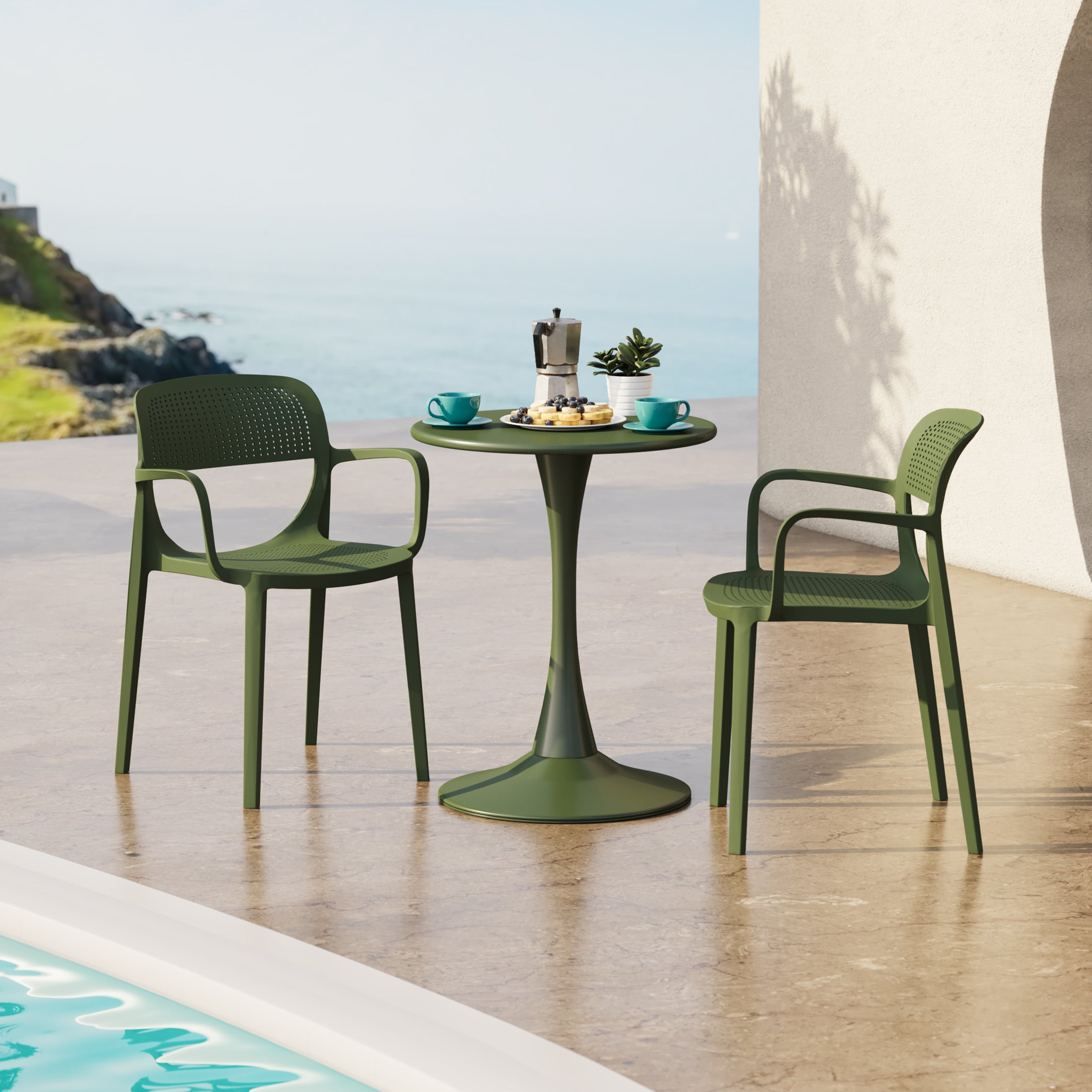 Sunshine 3-Piece Round Metal Bistro Dining Table Set And Stackable Resin Patio Dining Arm Chairs