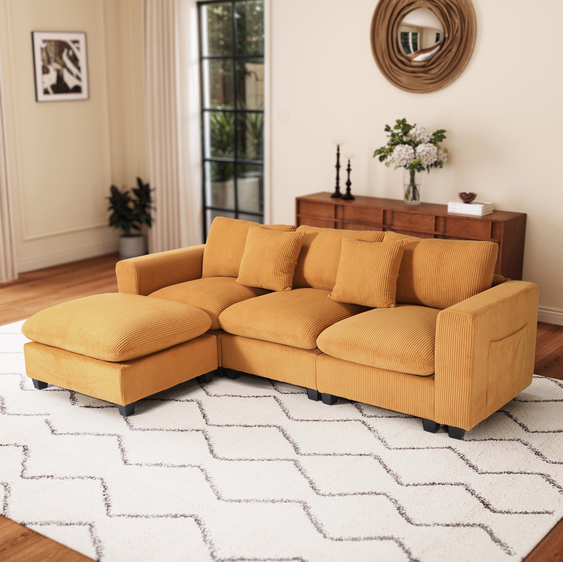 Ava 99" Modular Corduroy L-Shaped Sectional Sofa and Chaise With USB/Type-C Ports and Side Pockets