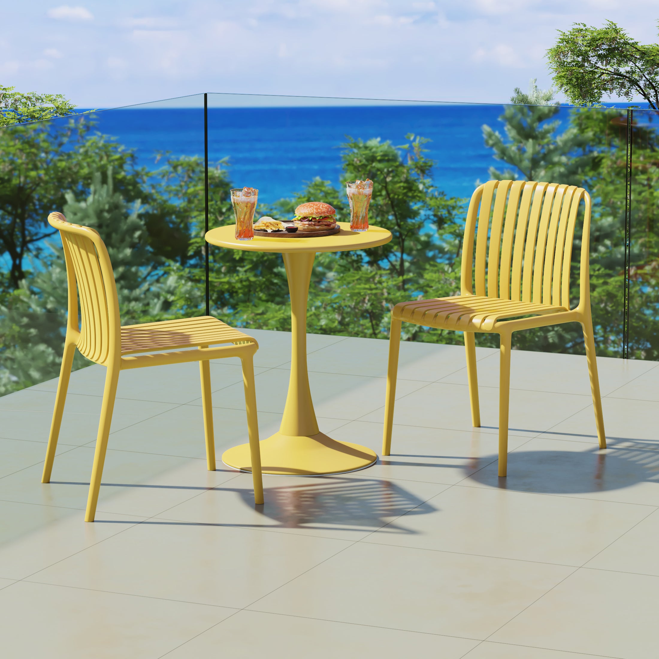 Sunshine 3-Piece Outdoor Metal Dining Table Set And Stackable Resin Patio Chairs