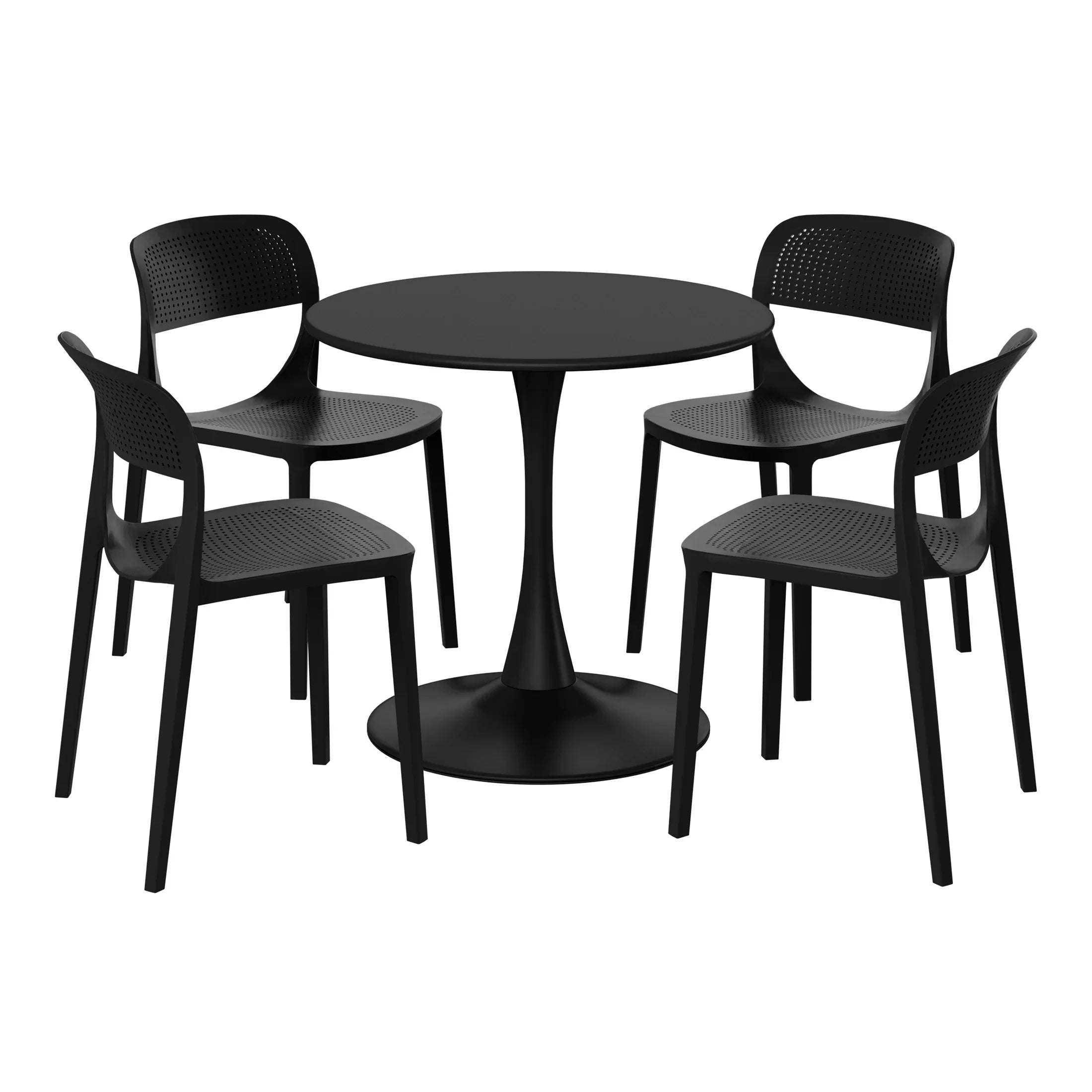 Sunshine 5-Piece Round Metal Bistro Dining Table Set And Stackable Resin Patio Dining Side Chairs