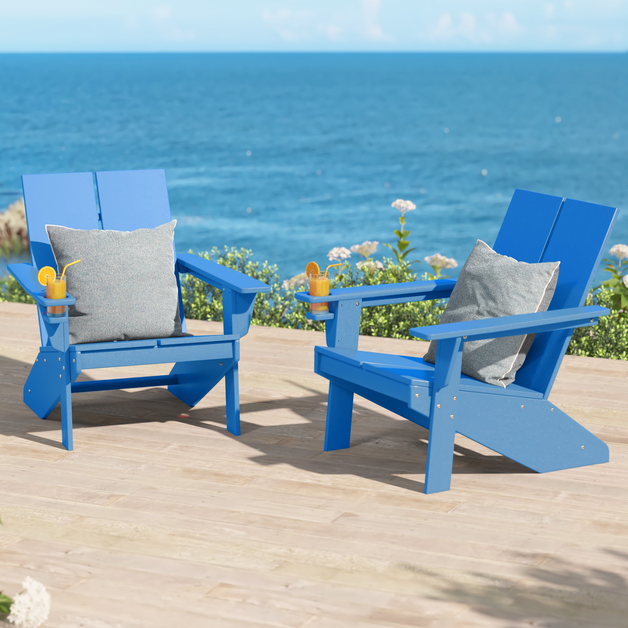 Seaview Outdoor HDPE Modern Adirondack Chair with Cup Holder (Set of 2)
