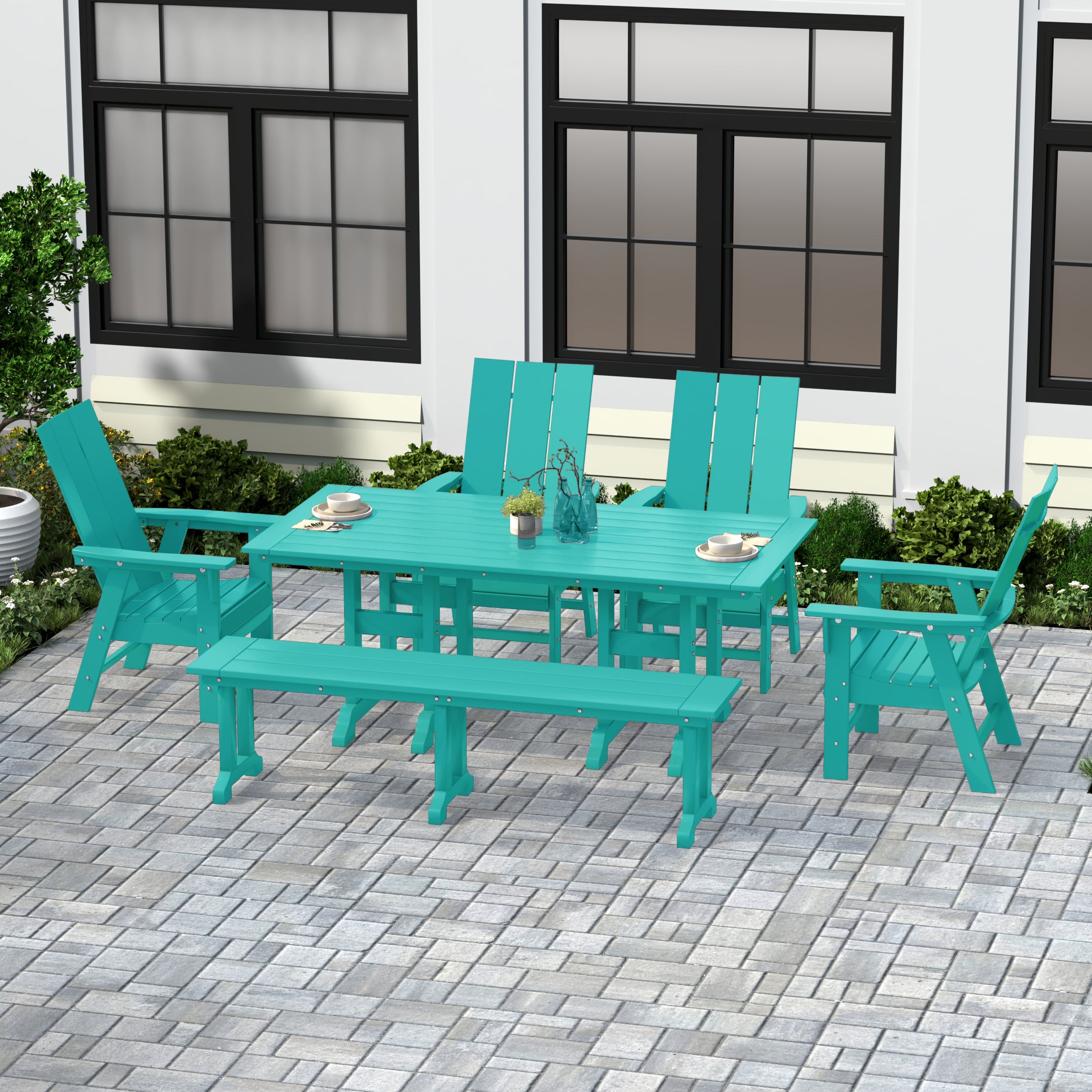 Palms 6 Piece Outdoor Patio Dining Table and Armchair Dining Bench Set
