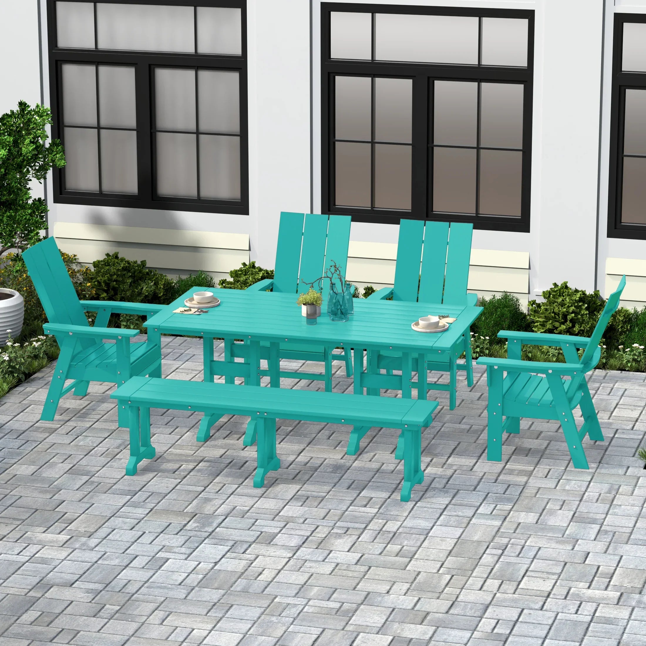 Palms 6 Piece Outdoor Patio Dining Table and Armchair Dining Bench Set